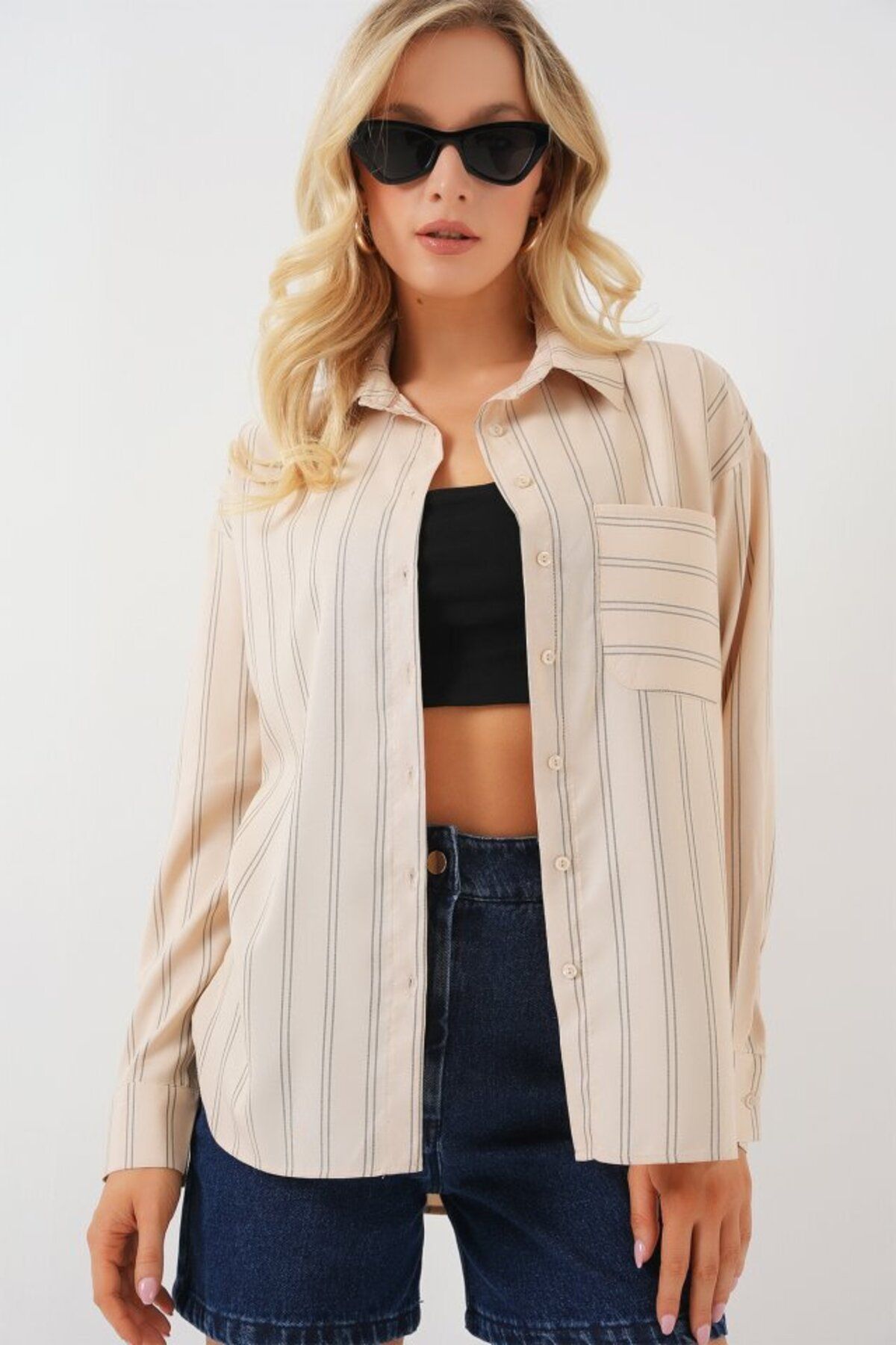 D&M Life Collection 20143 Cepli Oversize Gömlek - Krem - 44
