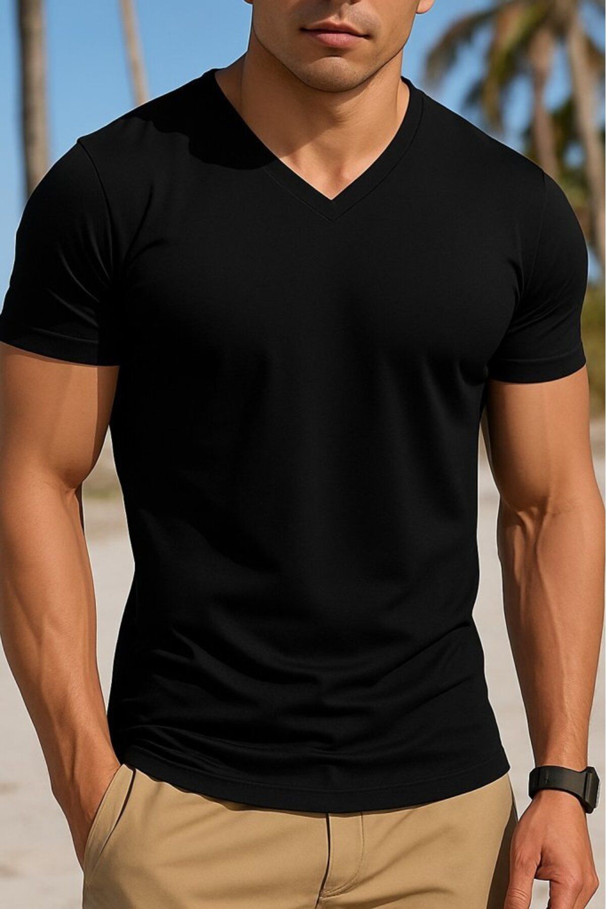 D&M Life Collection Erkek Kısa Kollu V Yakalı Viskon Bluz - 2XL-3XL - Siyah