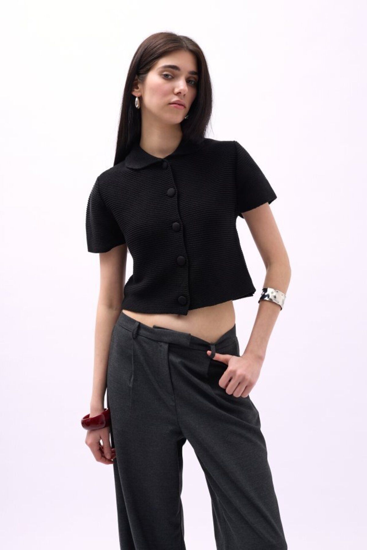 D&M Life Collection Bebe Yaka Düğmeli Bluz - L - Siyah