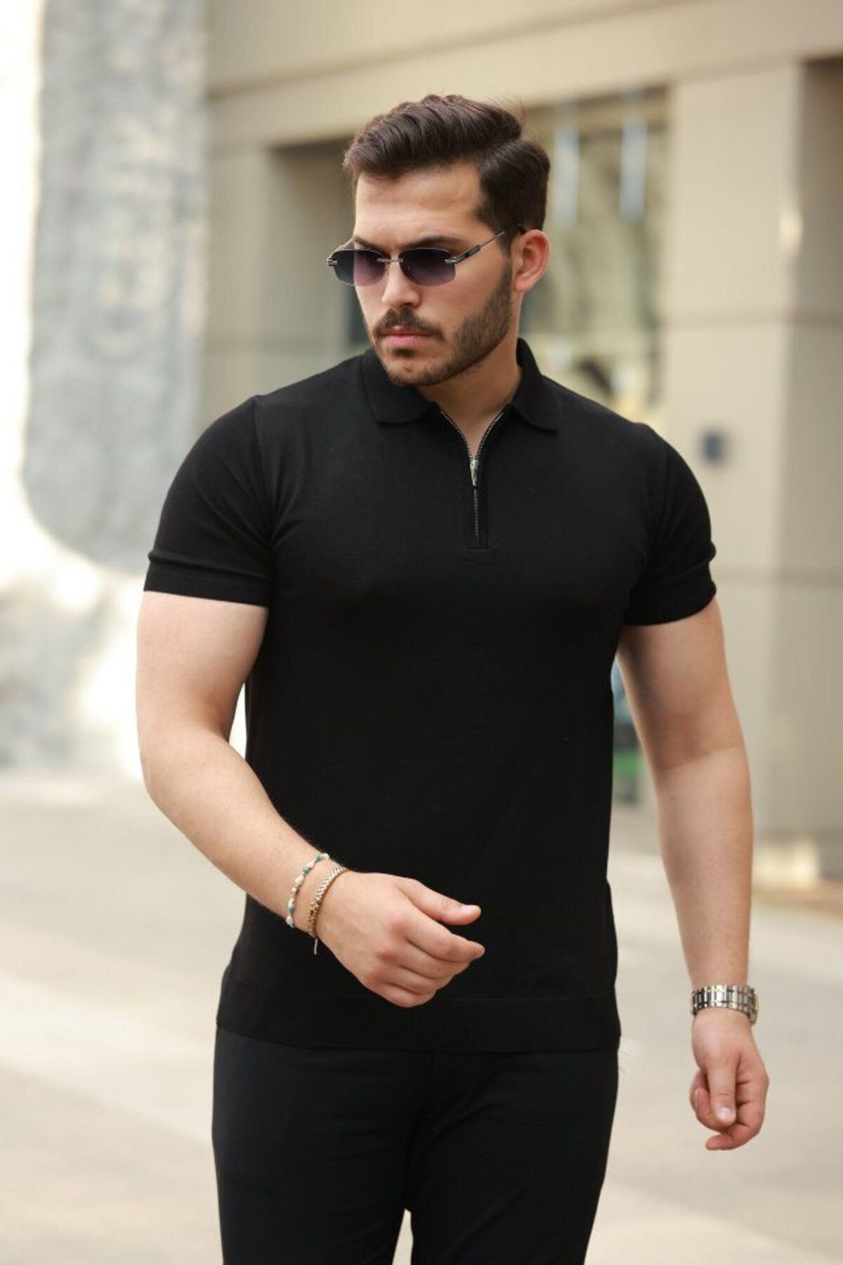 D&M Life Collection Erkek Fermuar Yakalı Kısa Kollu Tişört - 3XL - Siyah