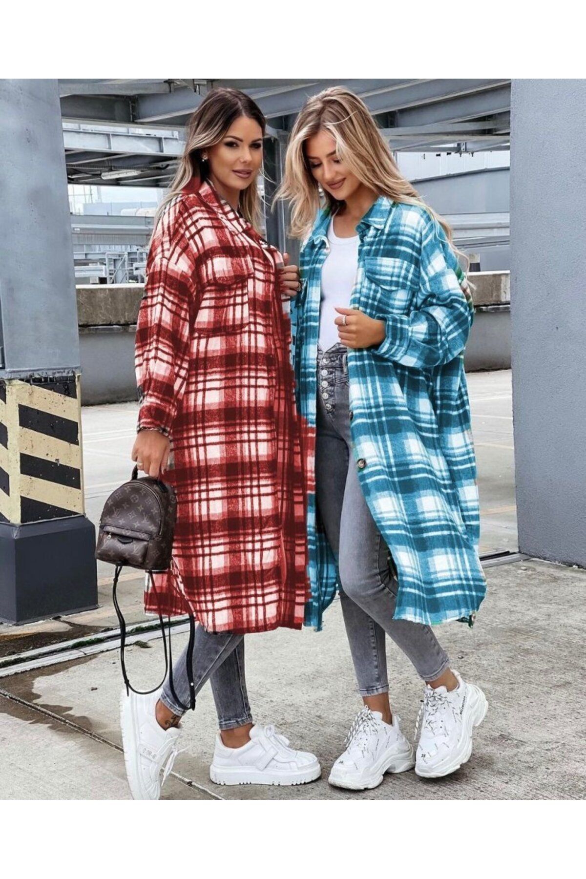 D&M Life Collection Kadın Kırmızı Uzun Ekose Detay Fırsat ürün Ekose Ceket - L - Kırmızı
