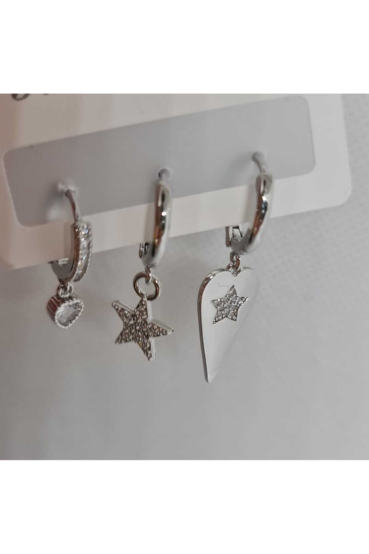 Store 316L Zirkon Taşlı Yıldız Detaylı Paslanmaz Çelik Gümüş Kaplı Küpe