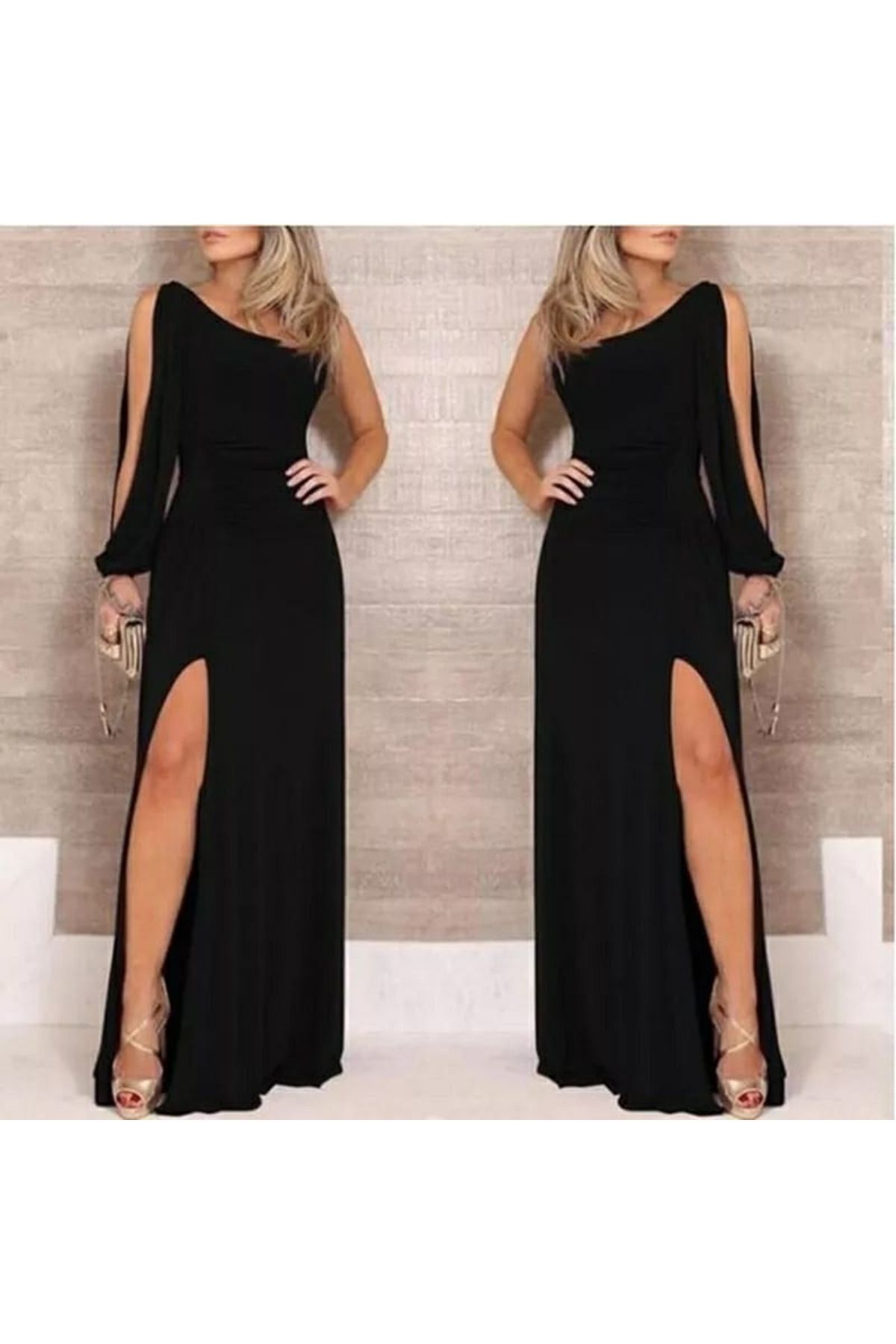 D&M Life Collection Tek Omuz Açık Derin Yırtmaçlı Krep Tam Boy Elbise