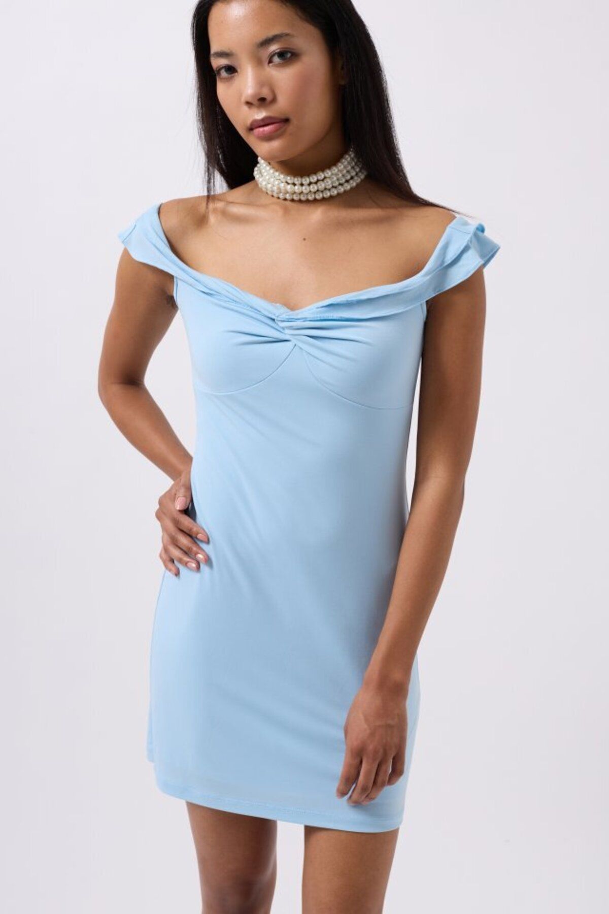D&M Life Collection Büzgü Detay Omuz Askılı Mini Elbise - M - Bebe Mavi