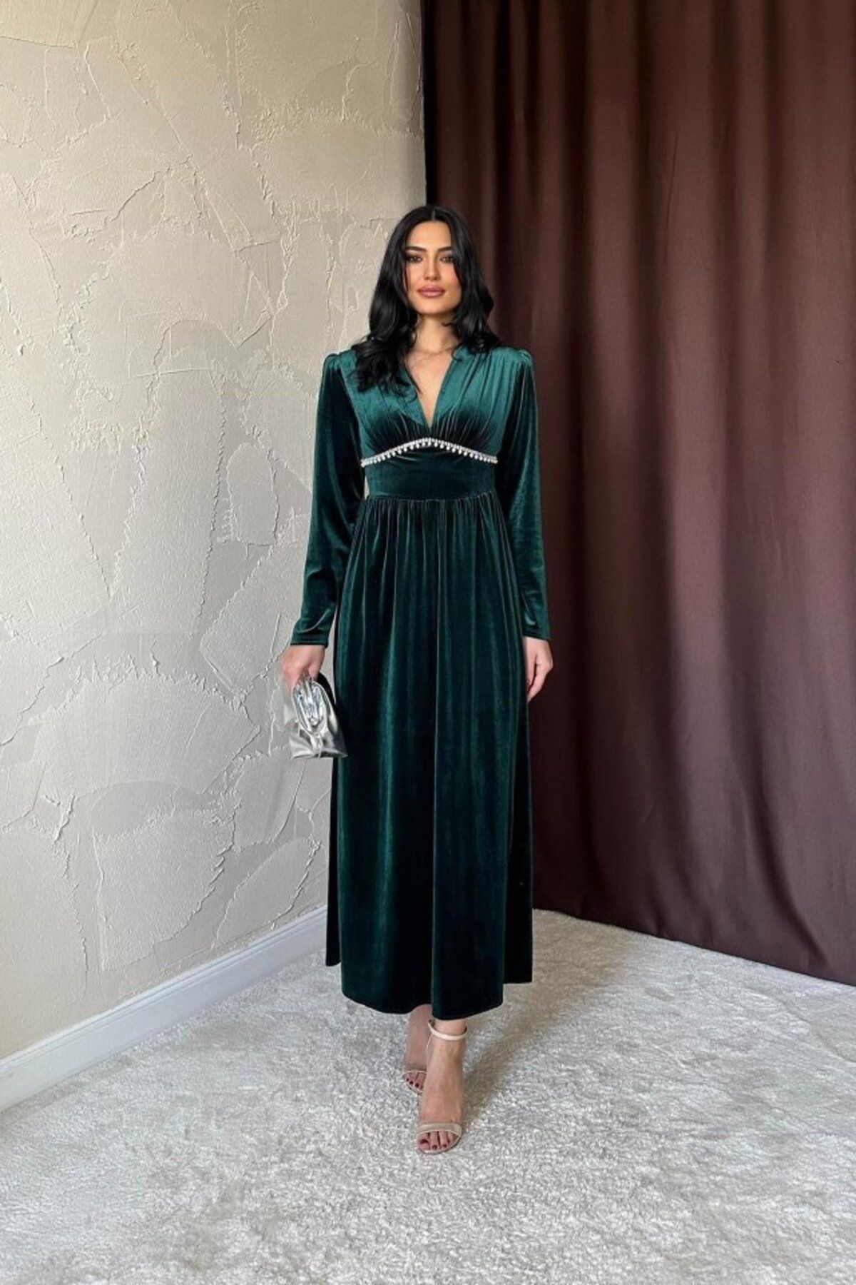 D&M Life Collection Zümrüt Göğüs Altı Taşlı Elbise - M - Zümrüt