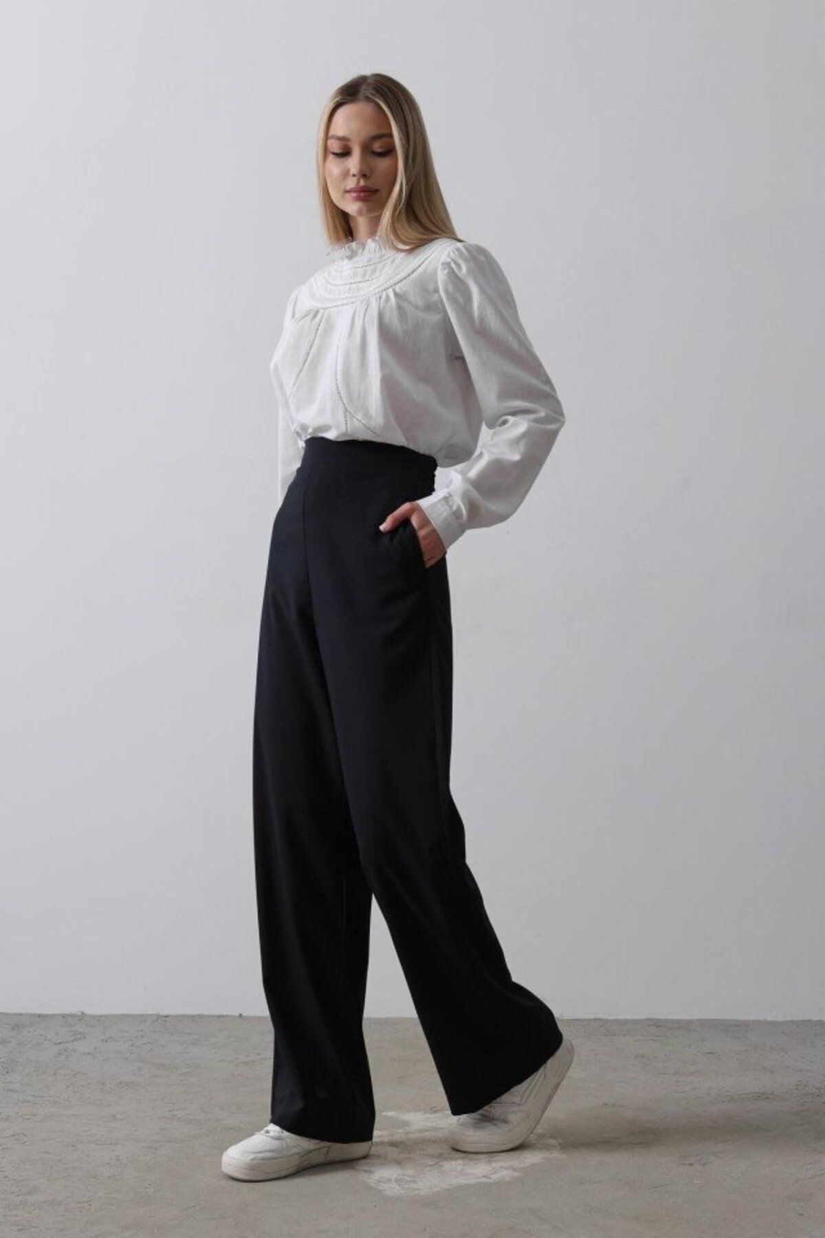 D&M Life Collection Beli Yarım Lastikli Palazzo Pantolon - Lacivert