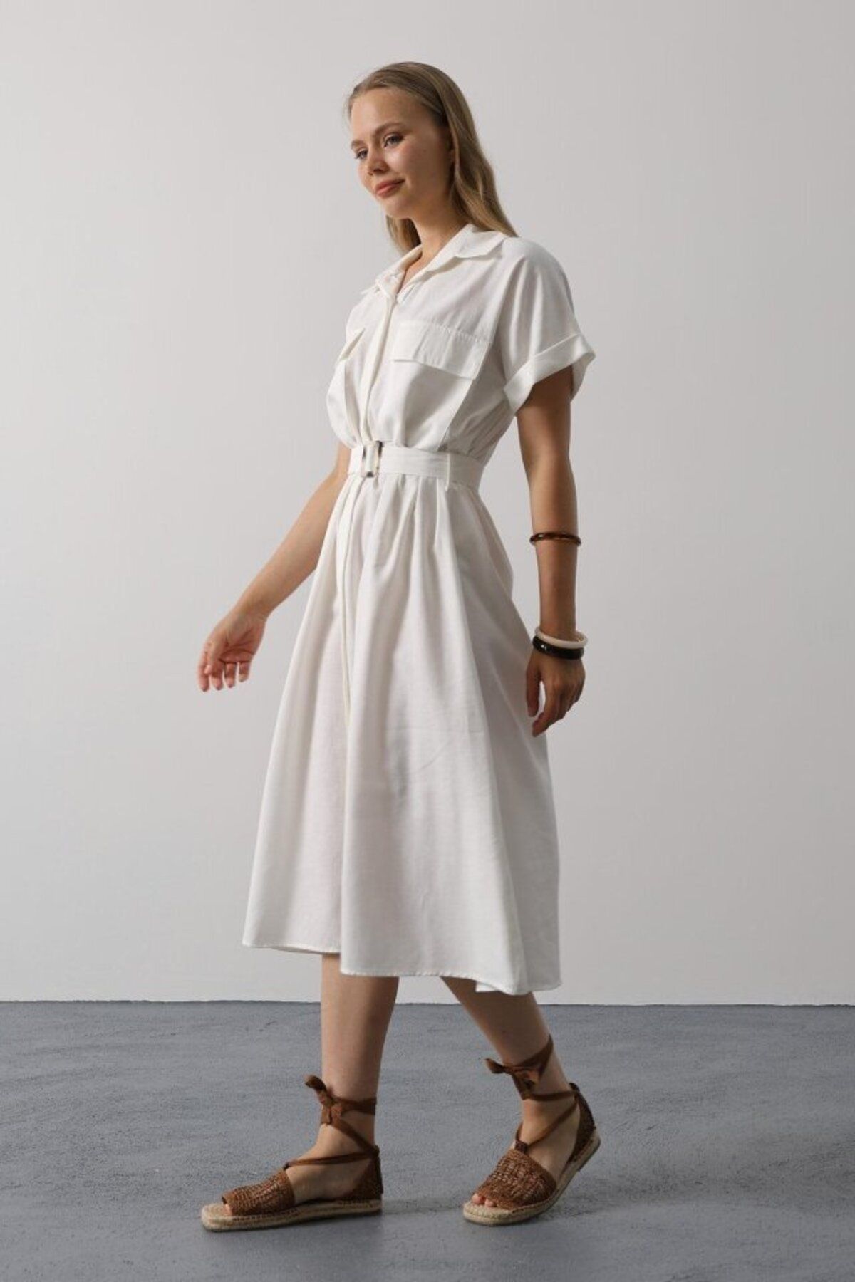 D&M Life Collection Kuşaklı Cep Detaylı Yarım Kol Elbise - Beyaz - M