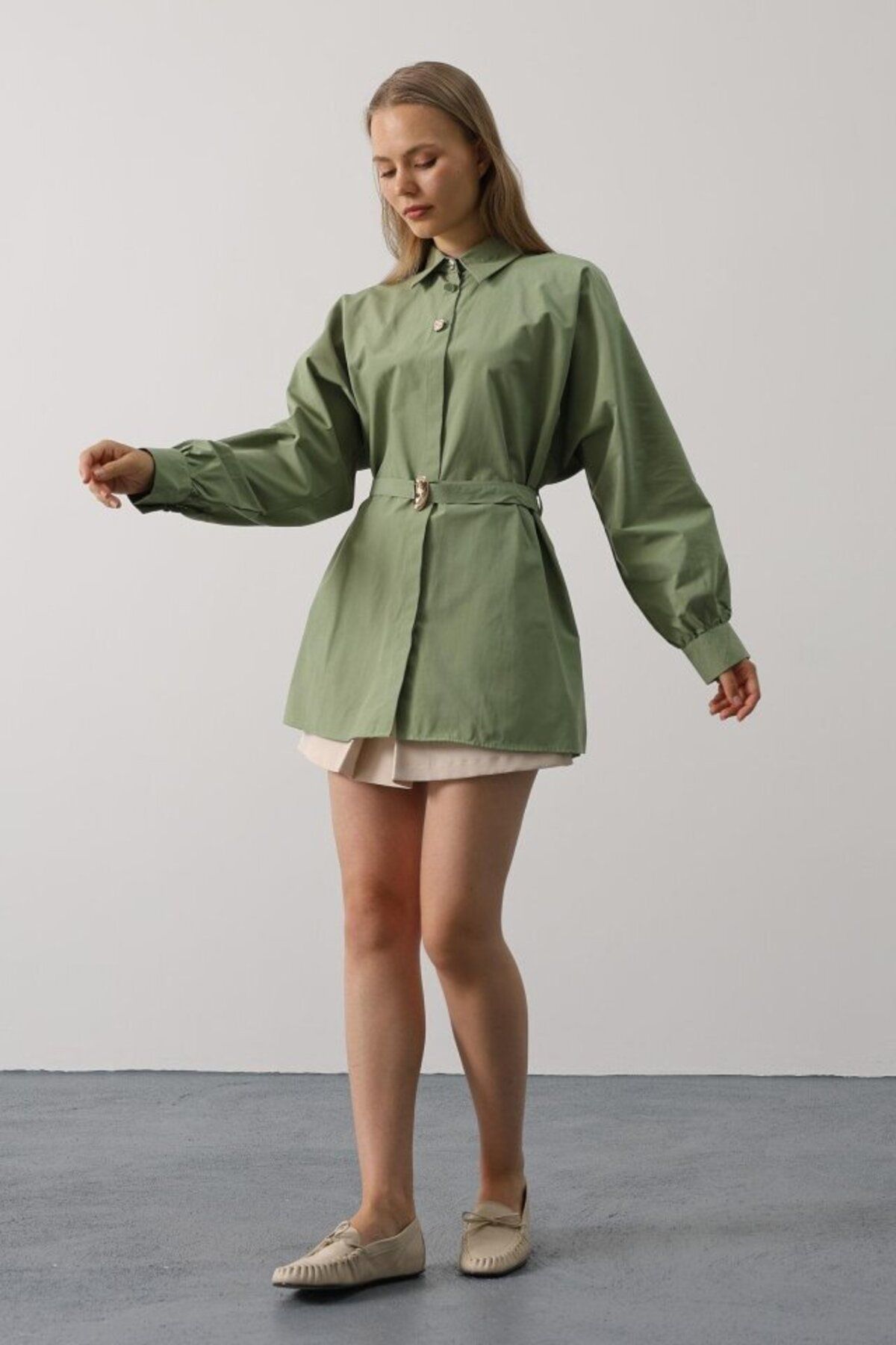 D&M Life Collection Kuşak Detaylı Tunik Gömlek - Haki - L