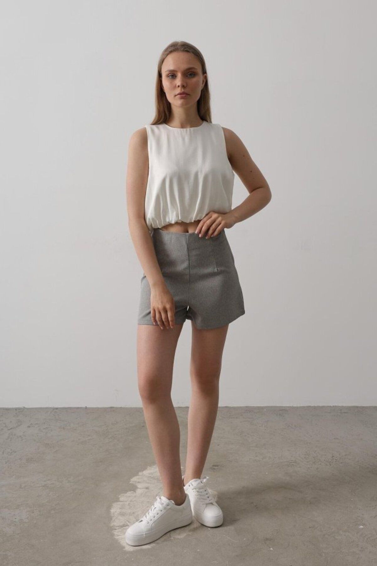 D&M Life Collection Saten Kolsuz Belki Lastikli Bluz - Ekru - M