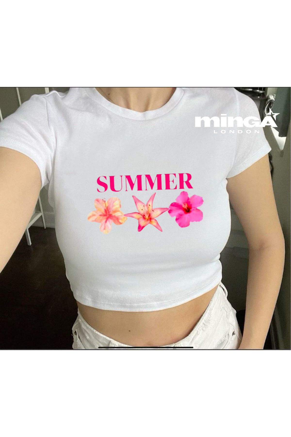 Minga London Summer Flower Beyaz Crop Bluz -Minga London