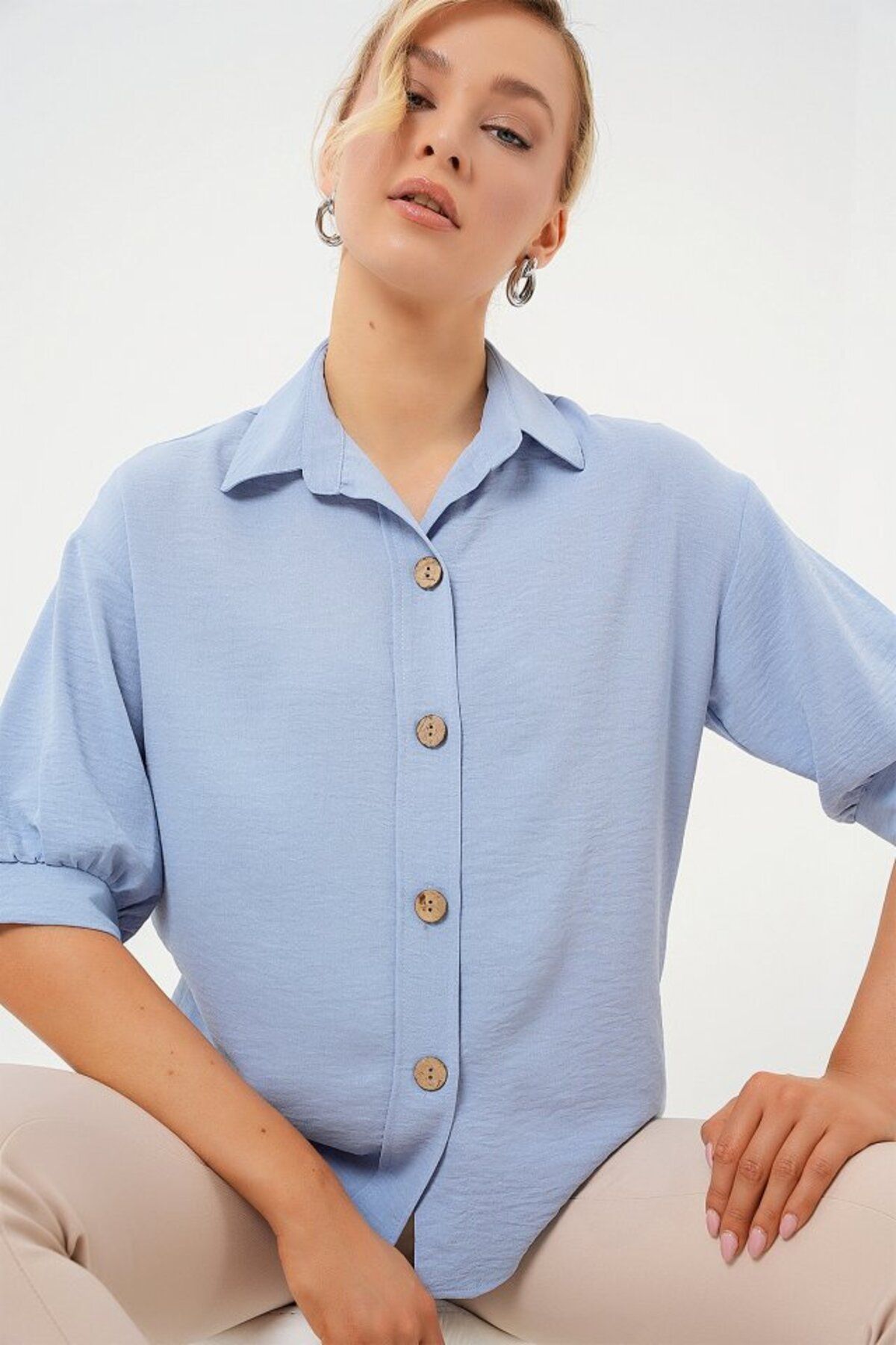D&M Life Collection Kısa Kol Oversize Keten Gömlek 20240 - B.Mavi - 42 - B.mavi