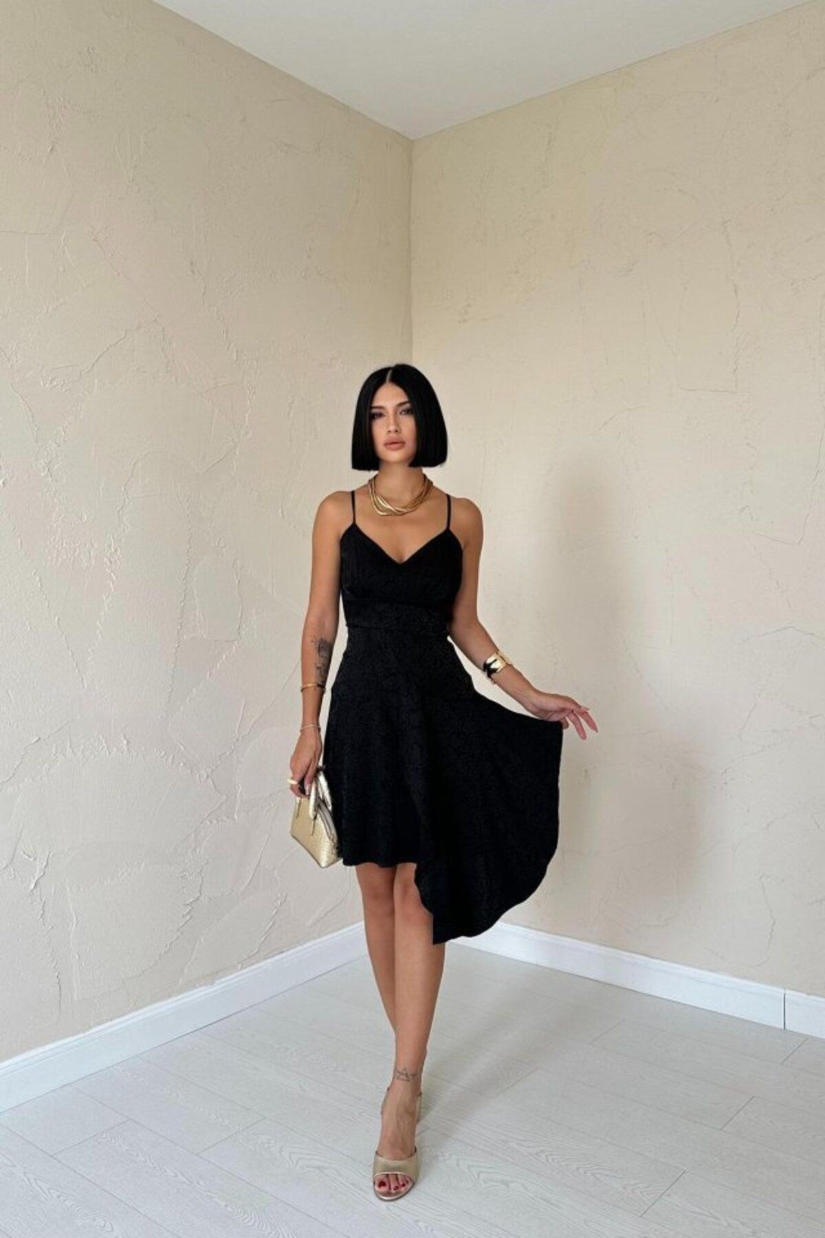 D&M Life Collection Siyah Jakarlı Asimetrik Elbise - L - Siyah