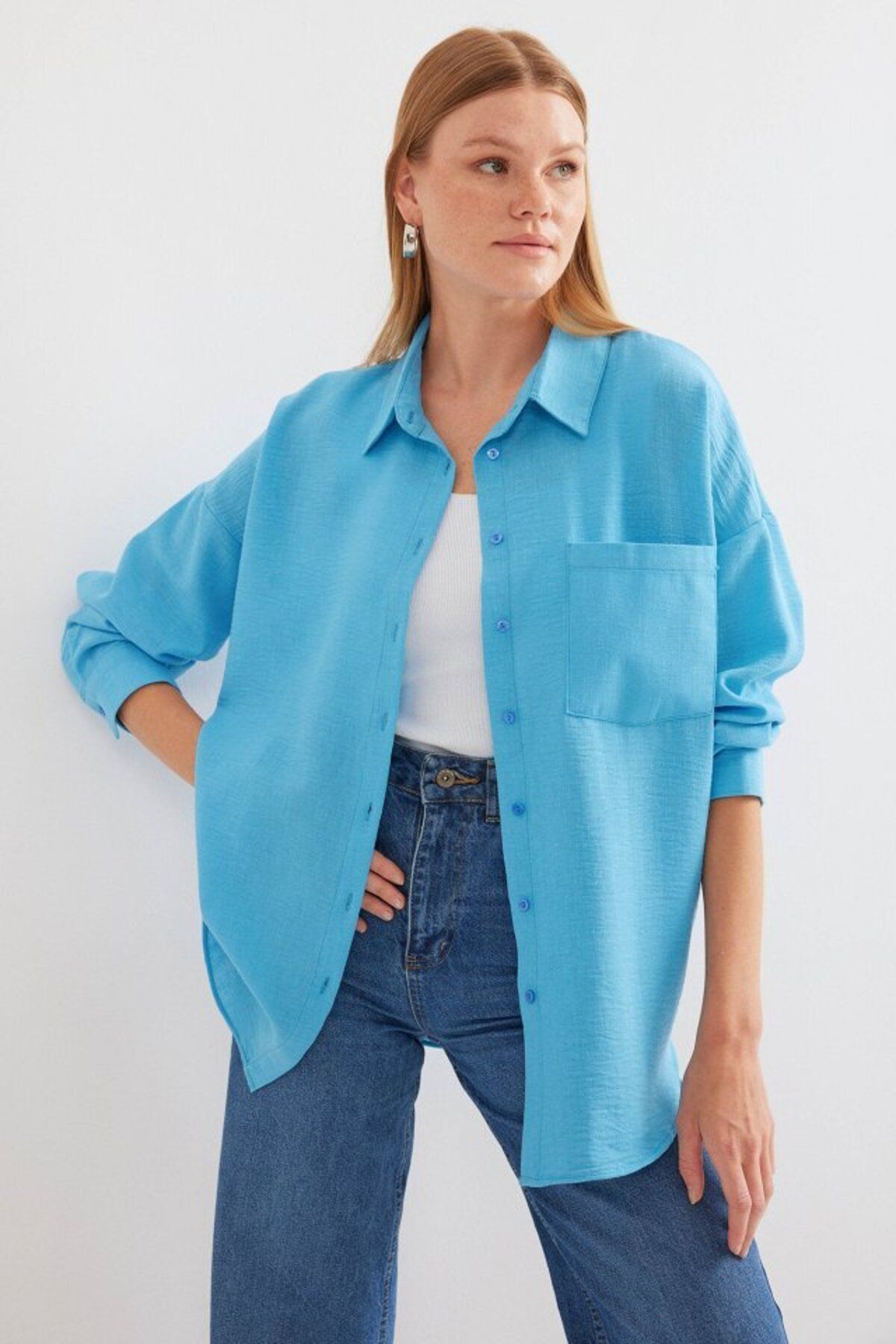 D&M Life Collection 20153 Tek Cepli Oversize Keten Gömlek - Açık Mavi - 40 - Açik Mavi