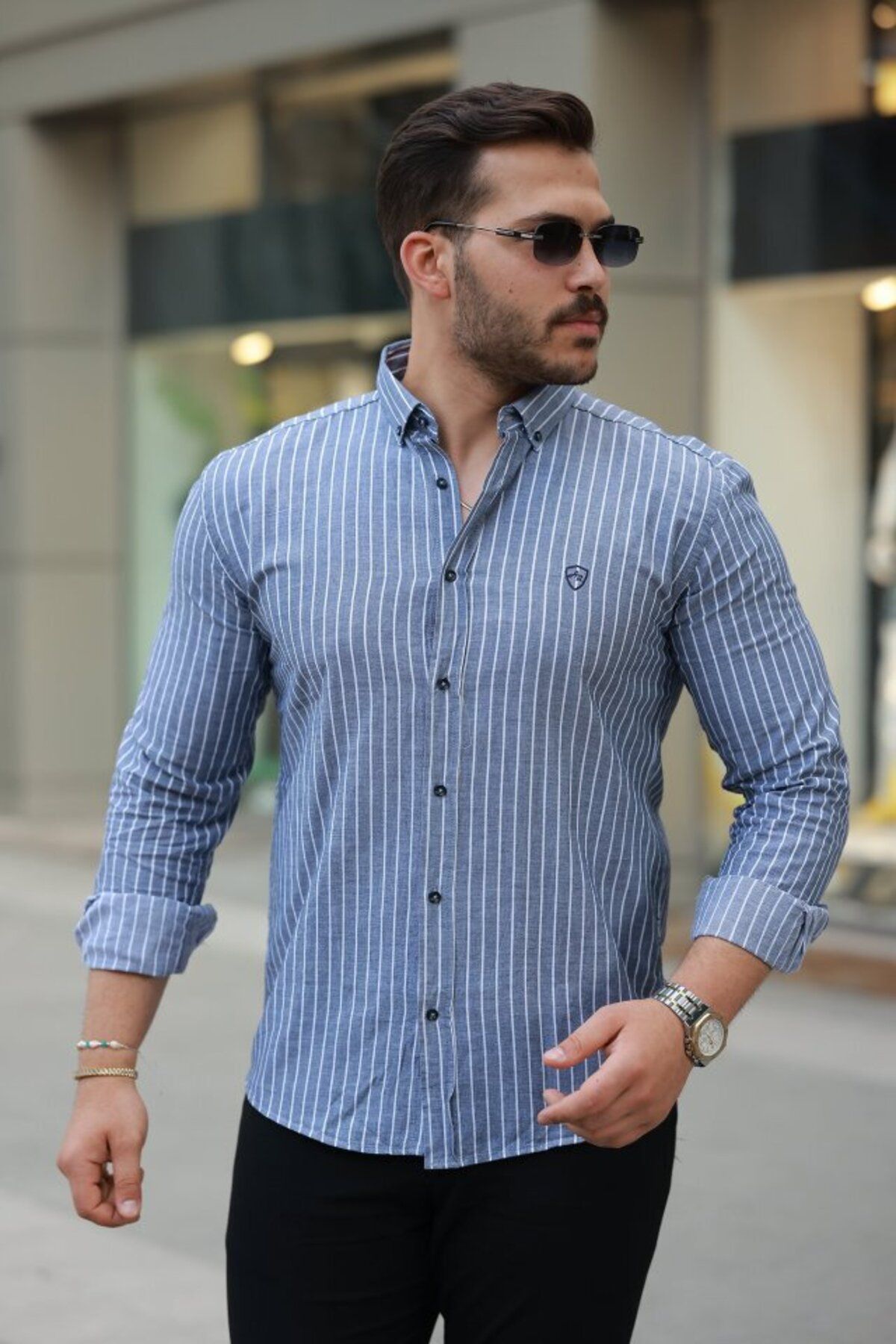 D&M Life Collection Erkek çizgili Uzun Kollu Gömlek