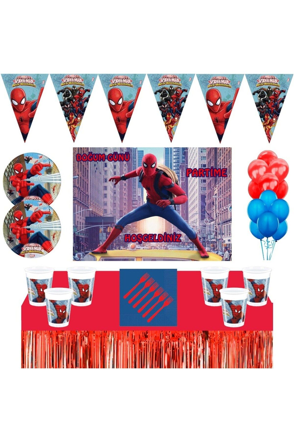 SPIDERMAN Örümcek Adam doğum günü konsepti 24 kişilik Afişli Spiderman doğum günü seti Masa Etekli