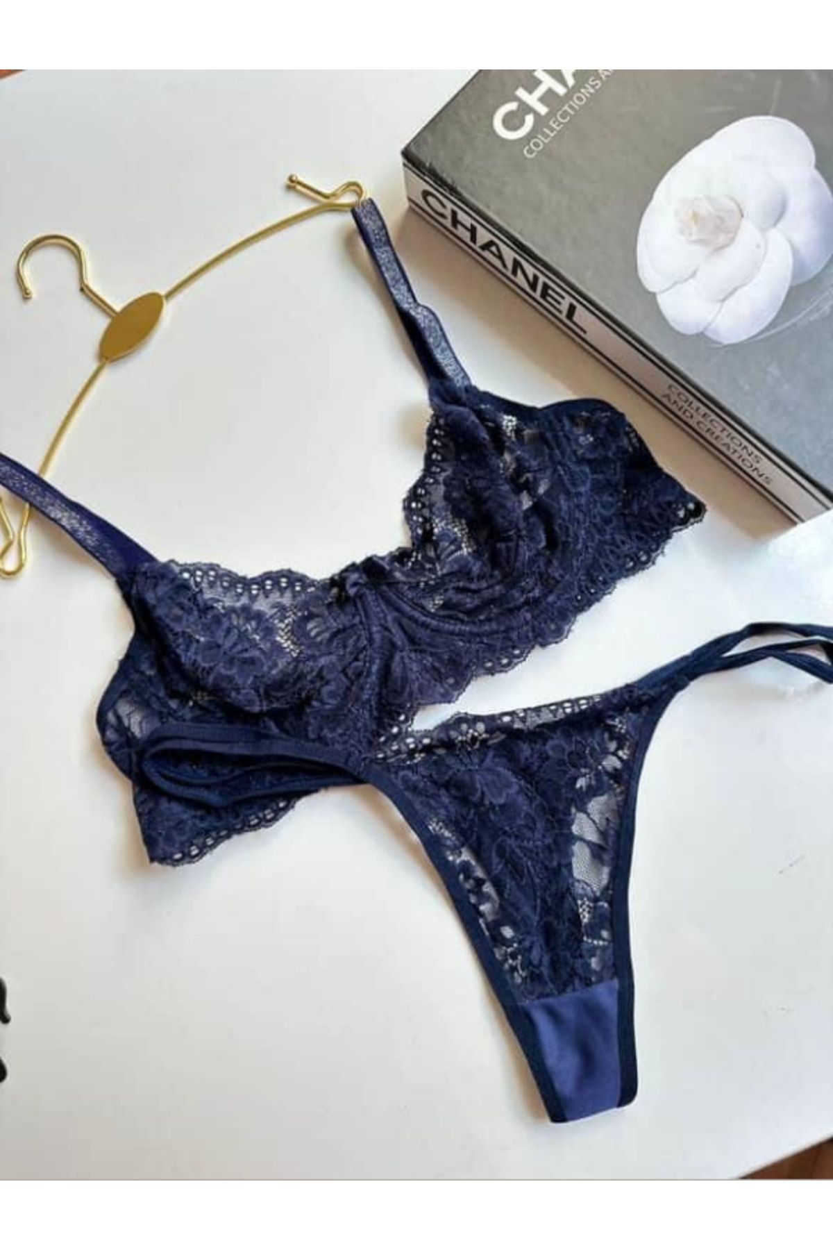 LORE SORTA LINGERIE Gece Mavisi Lüks Dantel Işlemeli Transparan Iç Çamaşır Takımı
