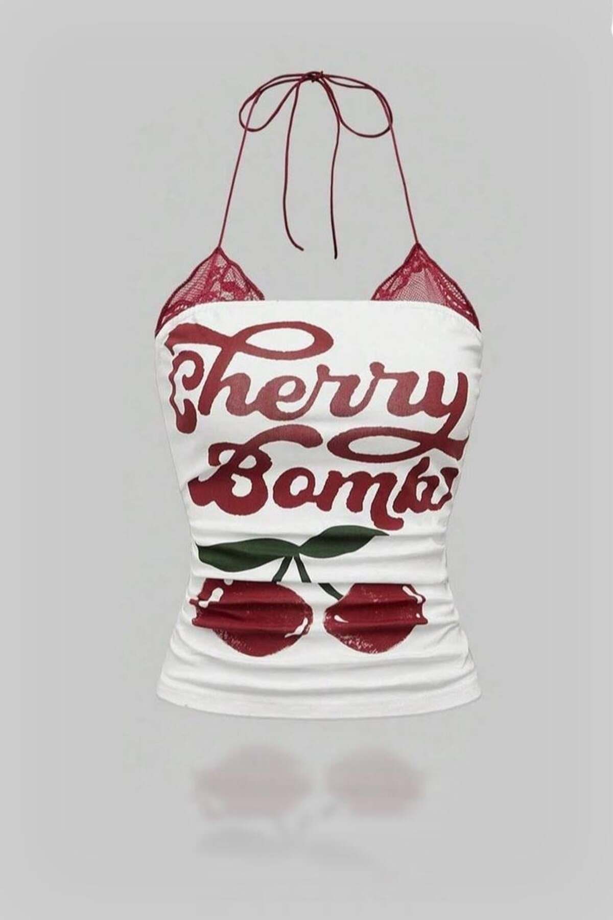 BALİNA Beyaz Cherry Bomb Dantelli Ek Y2K Askılı Crop -ALH