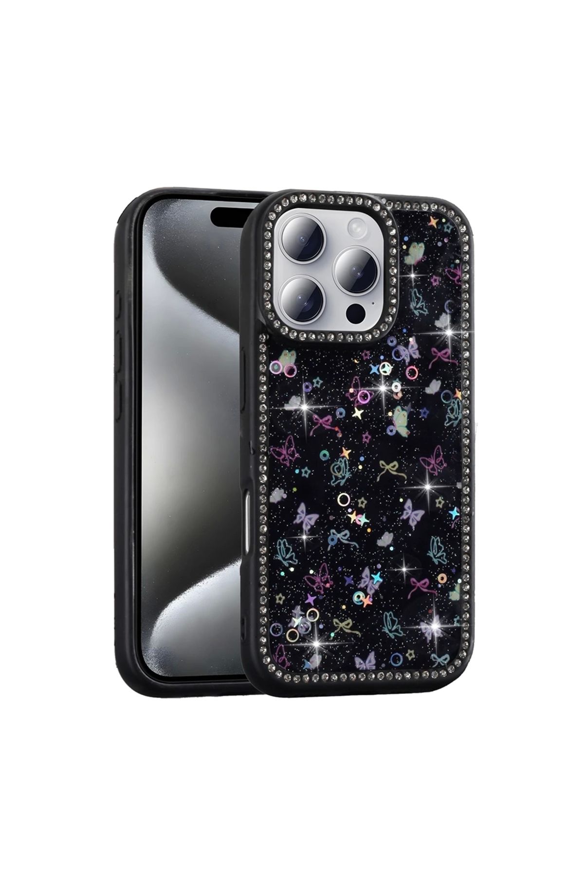 SBY TEKNOLOJİ Apple iPhone 16 Pro Max Uyumlu Kılıf Taşlı ve Simli Tasarım Azra Kapak