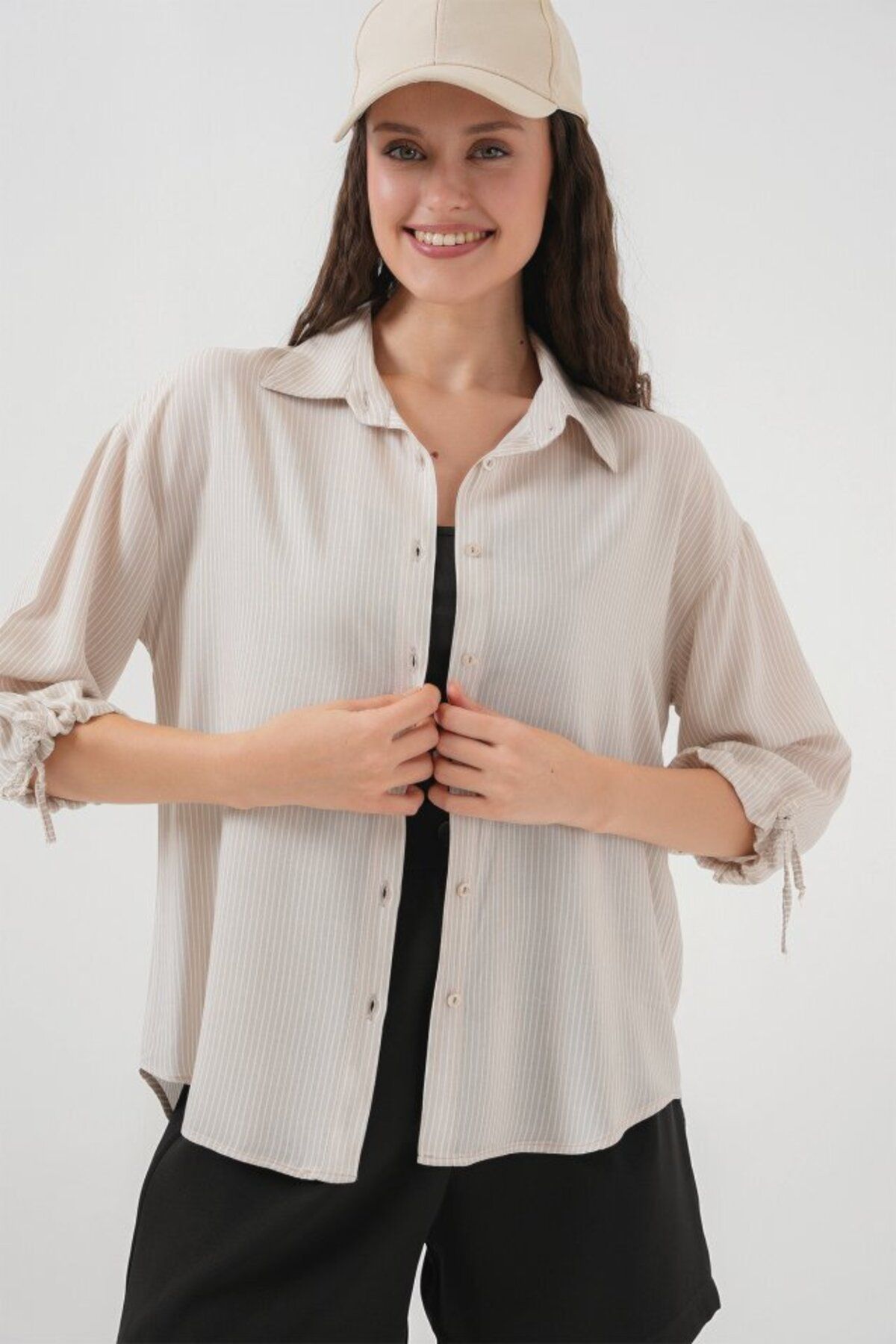 D&M Life Collection Çizgili Oversize Kısa Kol Gömlek 20296 - Krem - 40