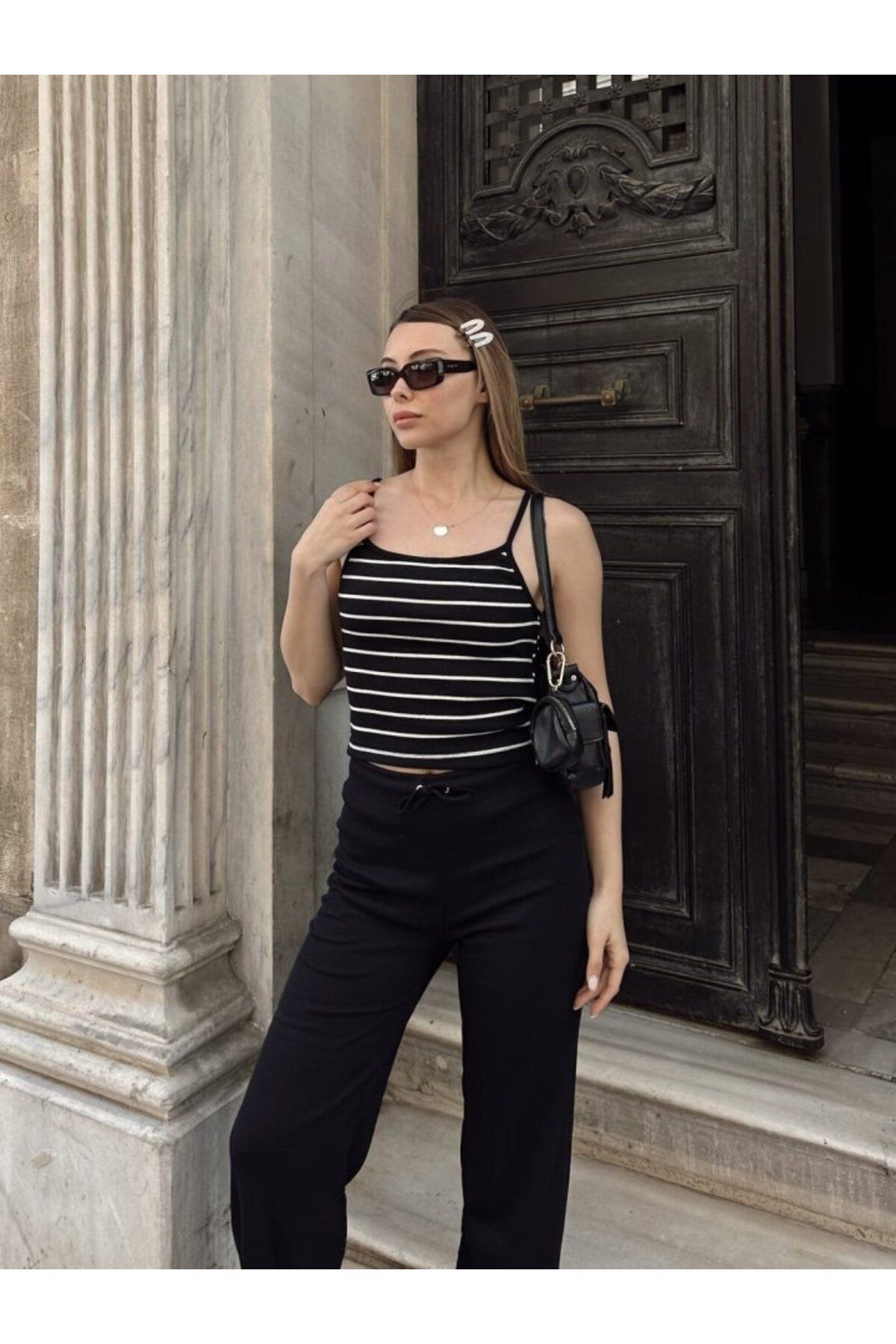 D&M Life Collection Kadın Kaşkorse Kumaş Askılı çizgili Takım - L - Siyah