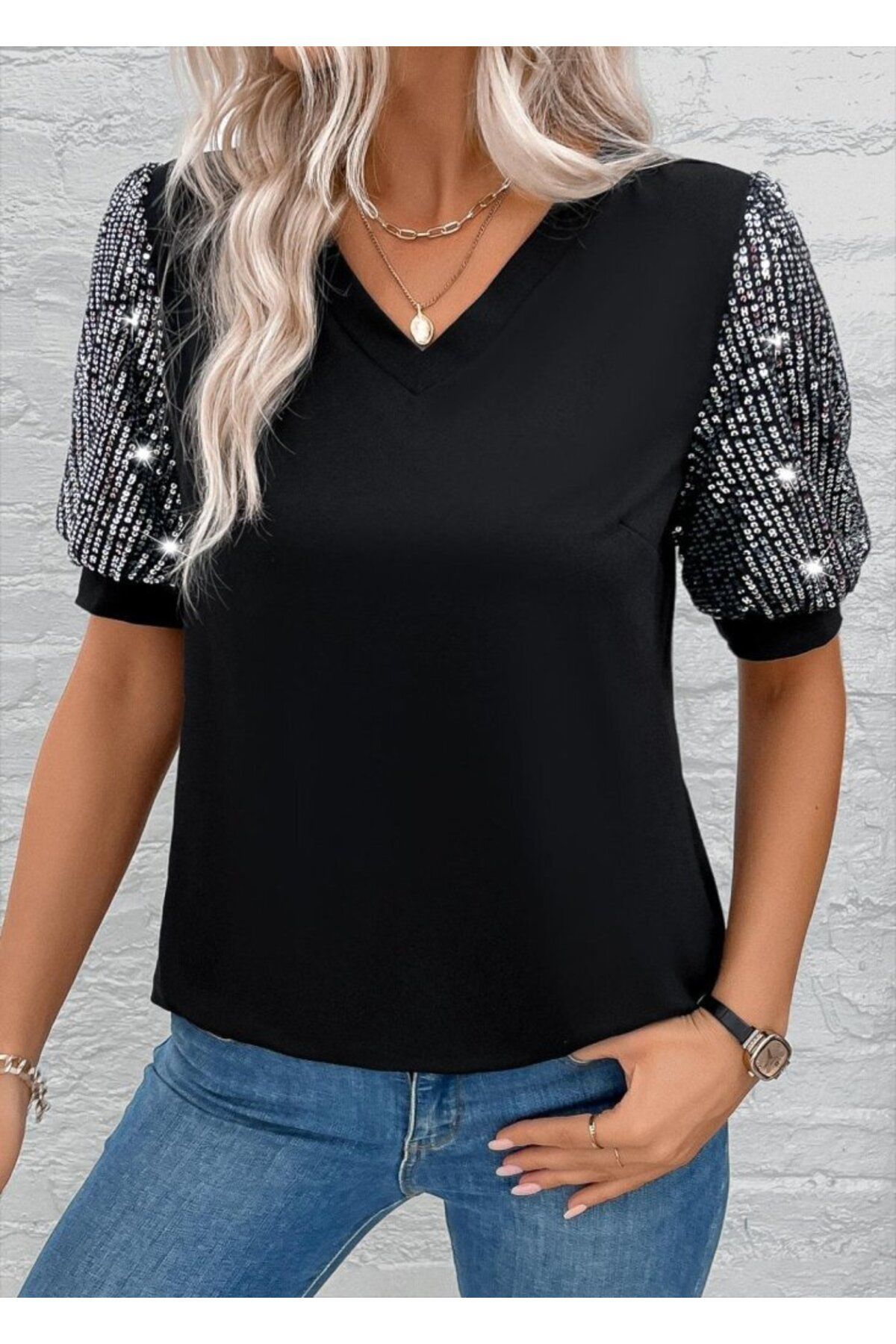 D&M Life Collection Kadın Kısa Kollu V Yakalı Pul Payet Detaylı Viskon Bluz - S-M - Siyah