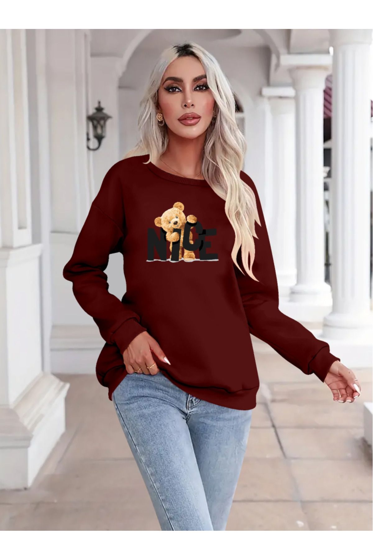 D&M Life Collection Kadın Uzun Kollu Bisiklet Yaka Viskon Iki Iplik Bluz - 2XL-3XL - Bordo