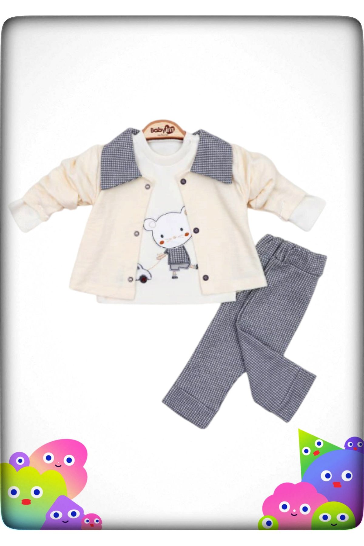 Babyim %100 Müşteri Memnuniyeti Organik Pamuklu 3'lü Erkek Bebek Body & Zıbın Seti Hastane Çıkışı