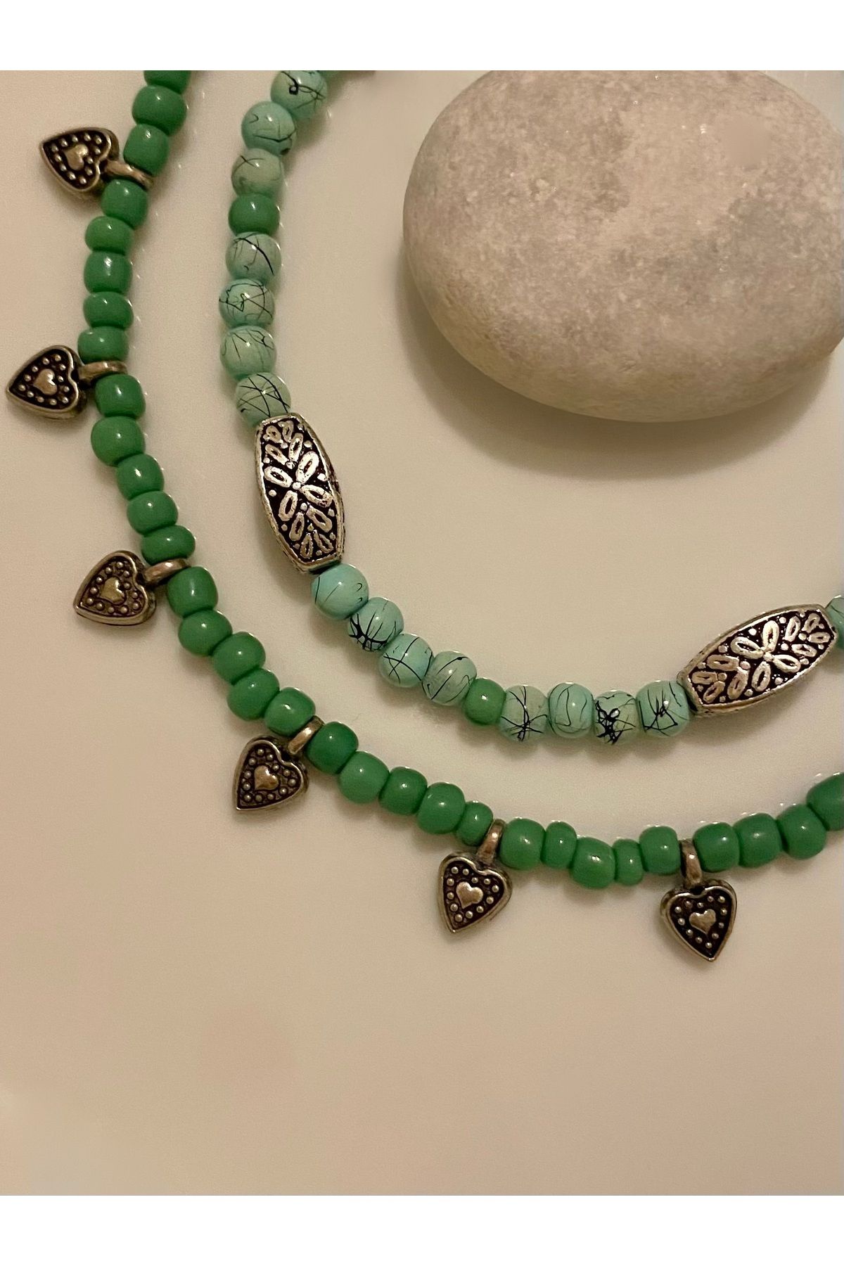 Centello Co Accessories Yeşil Boncuk Halhal Kalp Halhal Etnik Halhal Seti 2’li Halhal