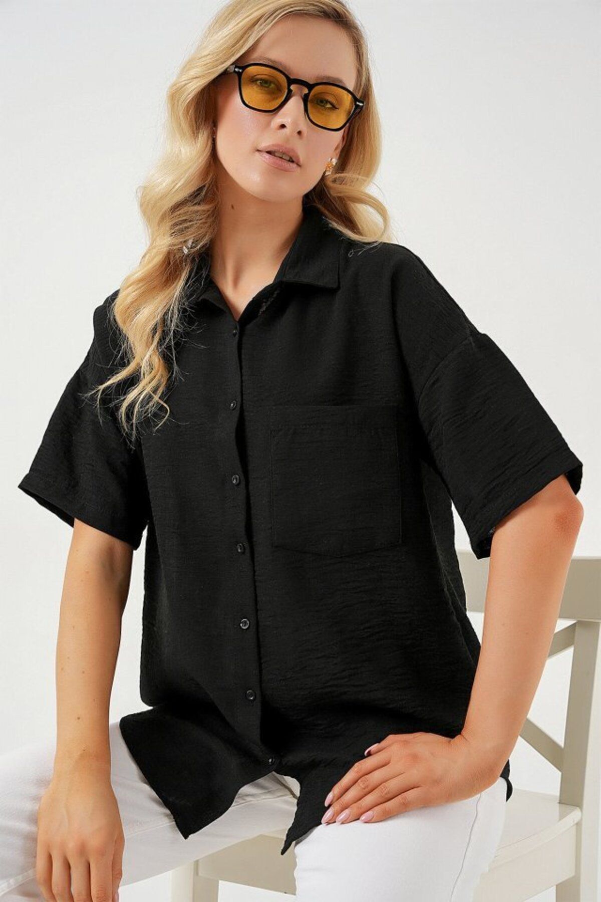 D&M Life Collection Kısa Kol Keten Görünümlü Gömlek 20336 - Siyah - 42 - Siyah