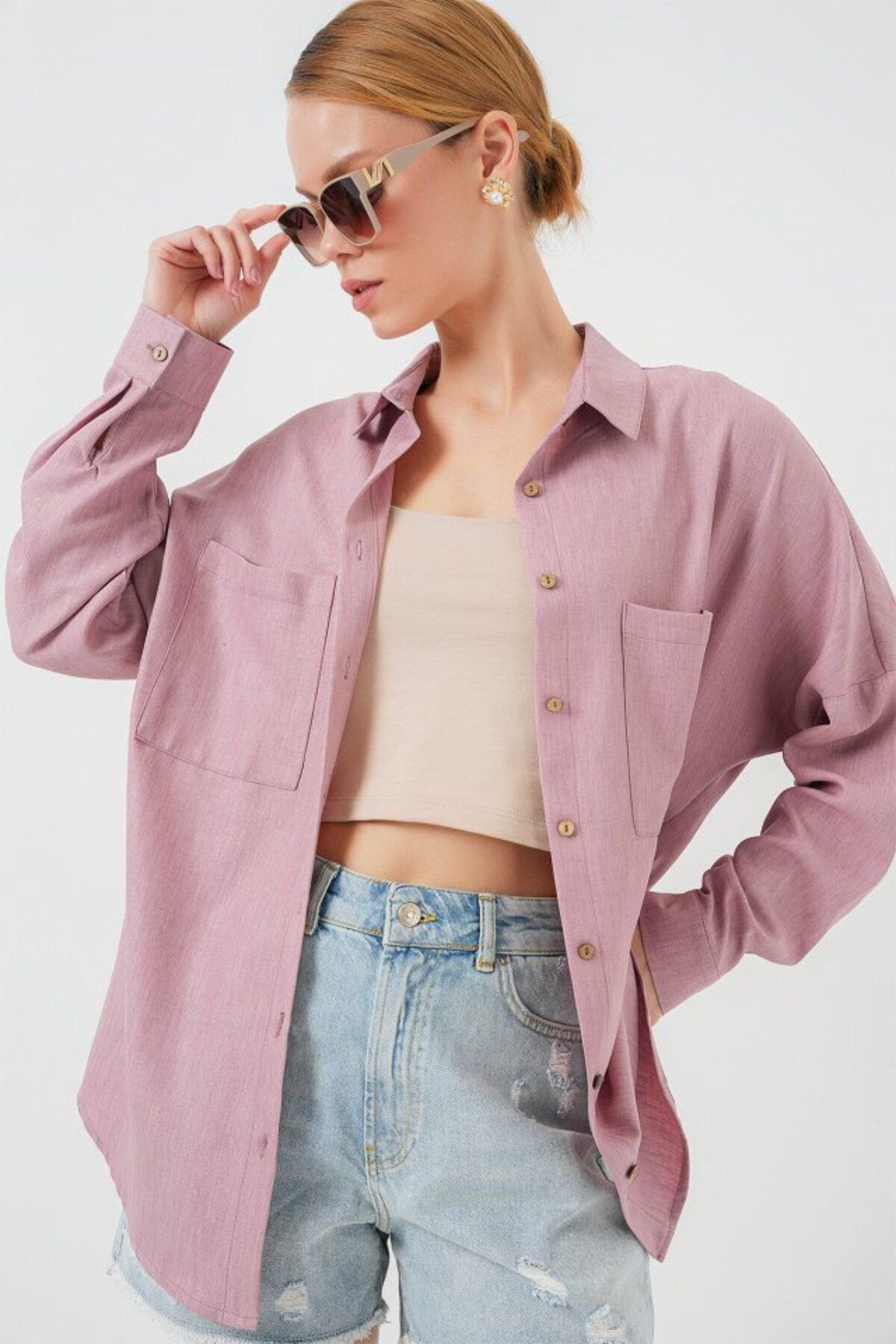 D&M Life Collection 20126 Oversize Keten Gömlek - Gül Kurusu - 40