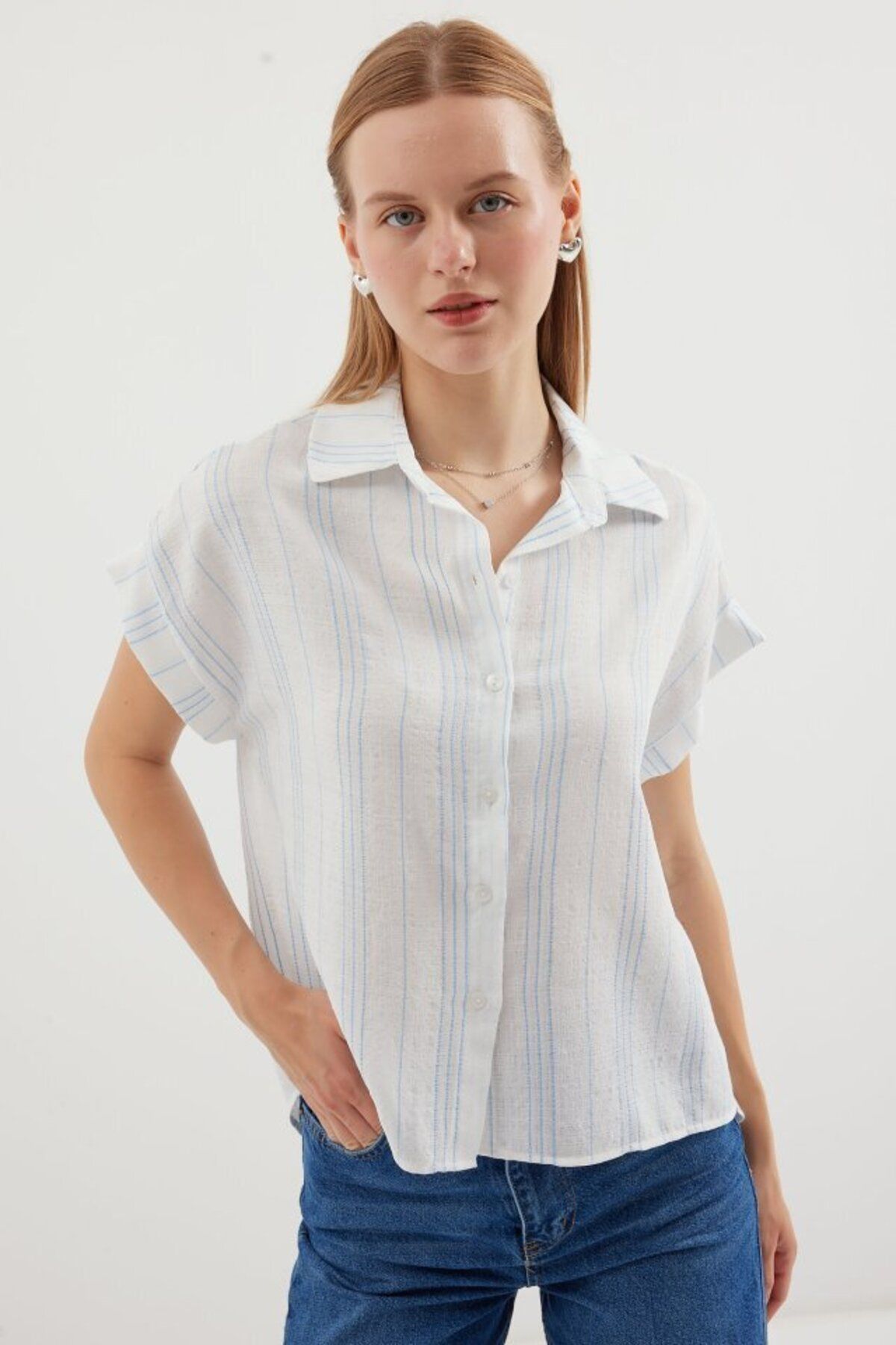 D&M Life Collection 20261 Kısa Kol Oversize Keten Gömlek - Mavi - 44 - Mavi