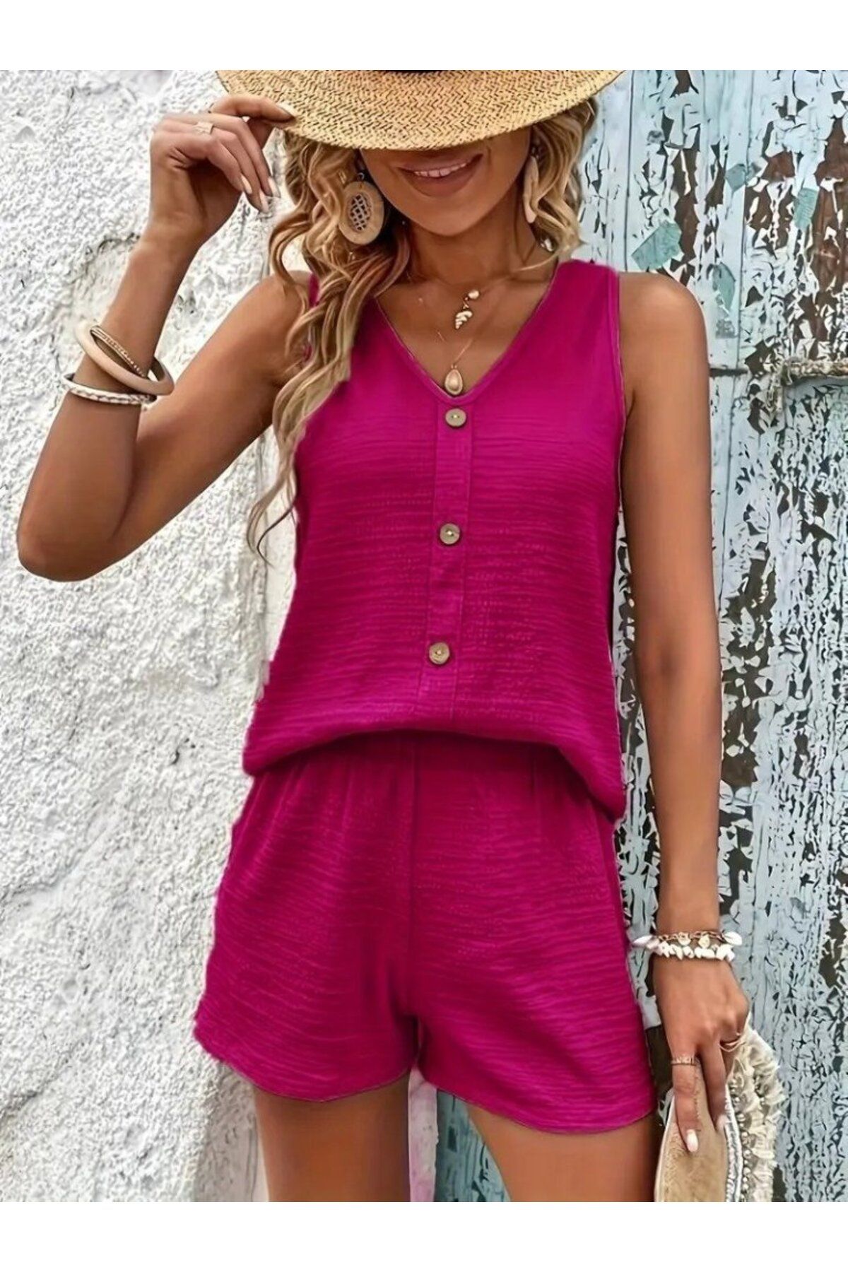 D&M Life Collection Kadın Askılı Kolsuz V Yakalı önden Düğmeli Bürümcük Bluz Ve Short Ikili Takım