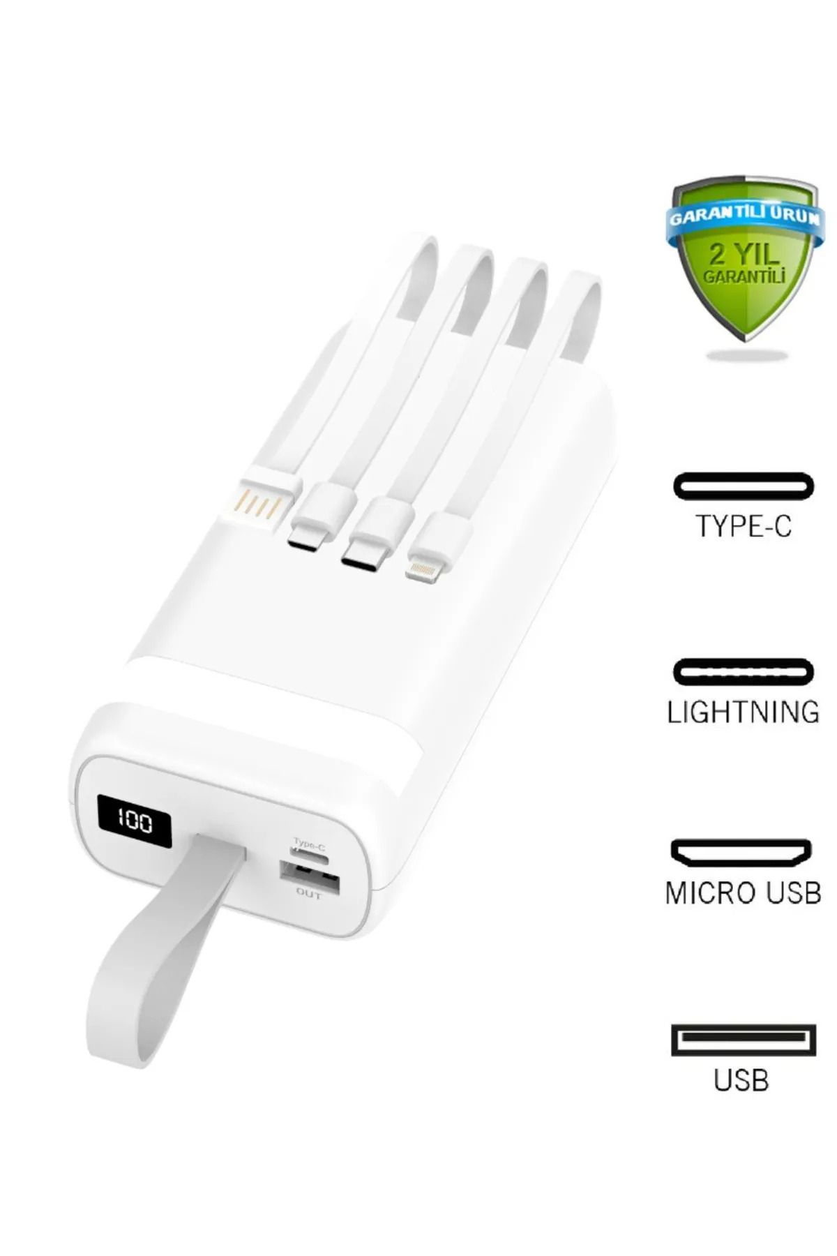 OBRAX Dahili Kablolu Fenerli 30.000 mAh LCD Göstergeli Güç Bankası Taşınabilir Powerbank