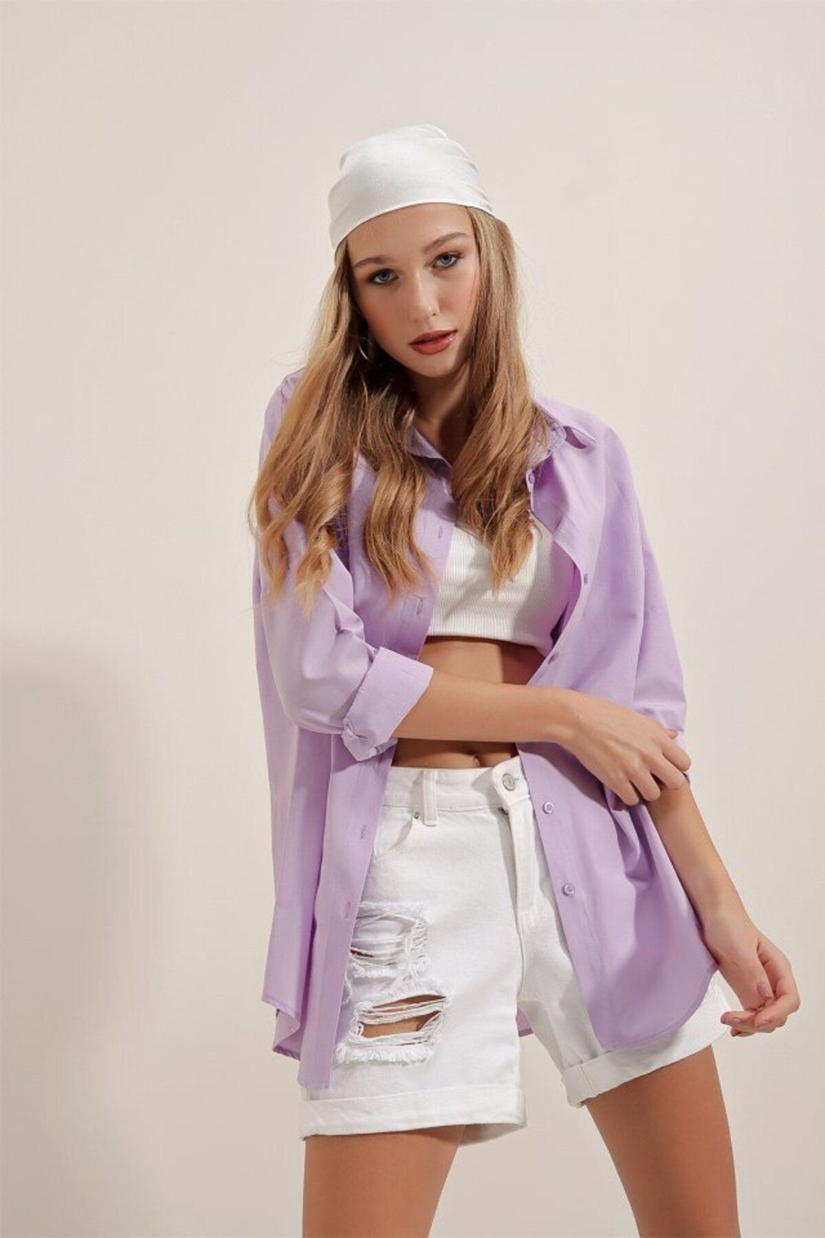 D&M Life Collection 3900 Oversize Uzun Basic Gömlek - Lila - 42 - Lila