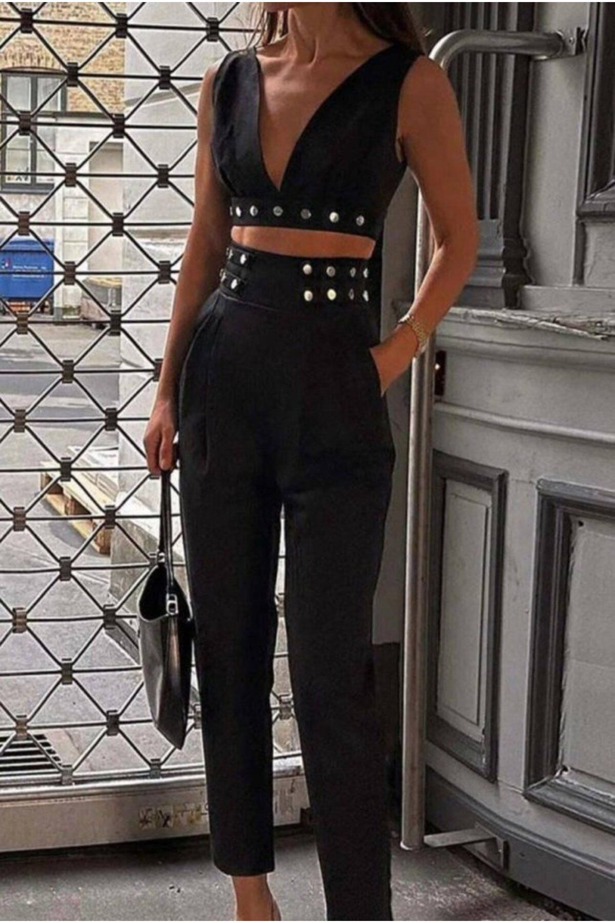 D&M Life Collection Kadın Double Krep Kumaş Düğme Aksesuar Detaylı Takım - M - Siyah