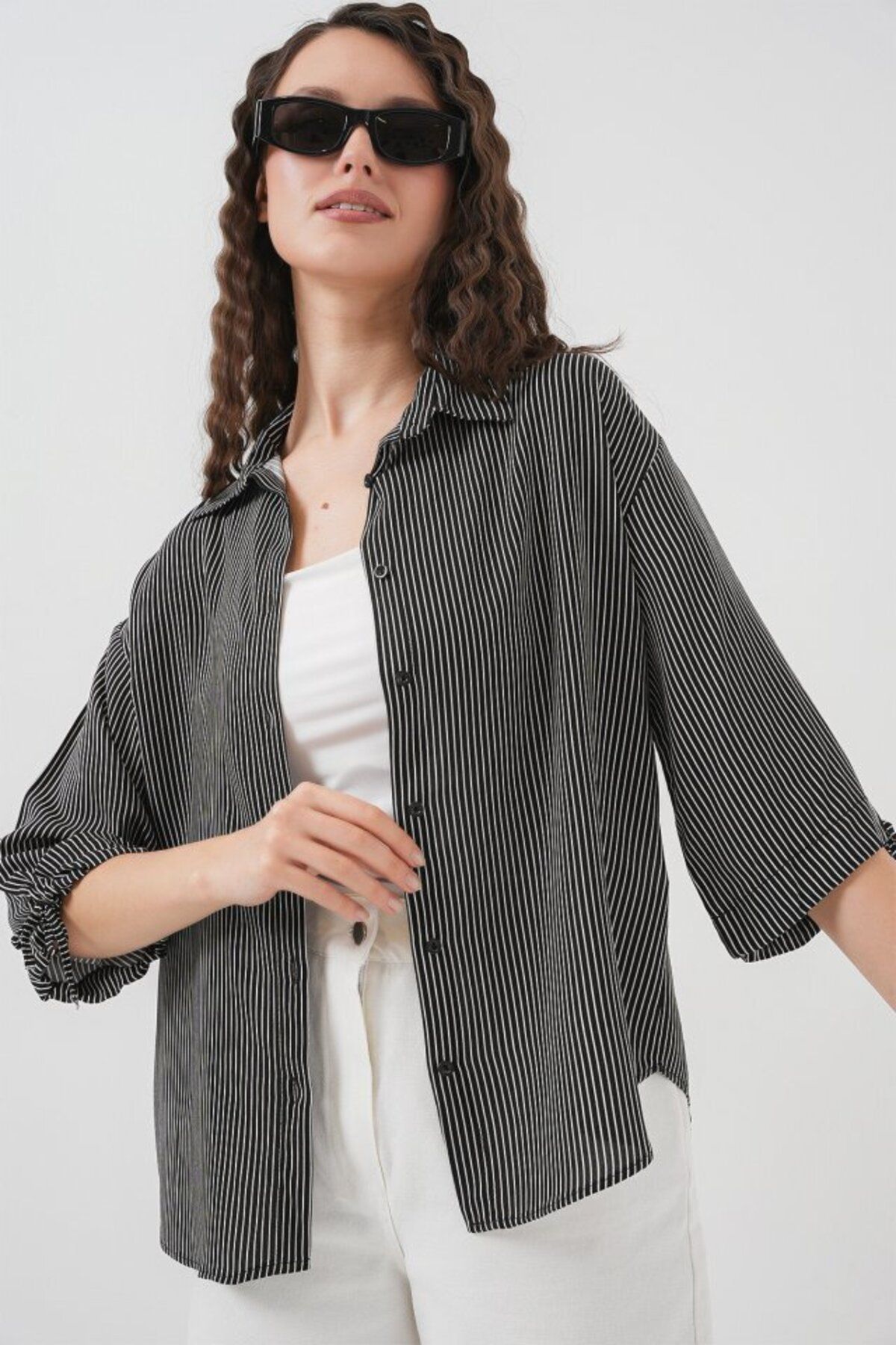 D&M Life Collection Çizgili Oversize Kısa Kol Gömlek 20296 - Siyah - 38 - Siyah