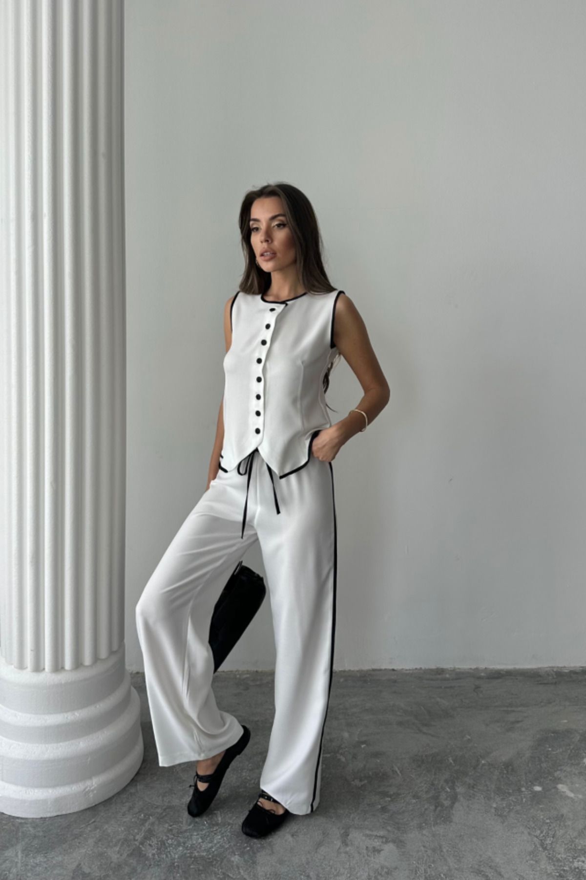 D&M Life Collection KETEN KENARLARI BİYELİ YELEK - PANTOLON TAKIM - Beyaz