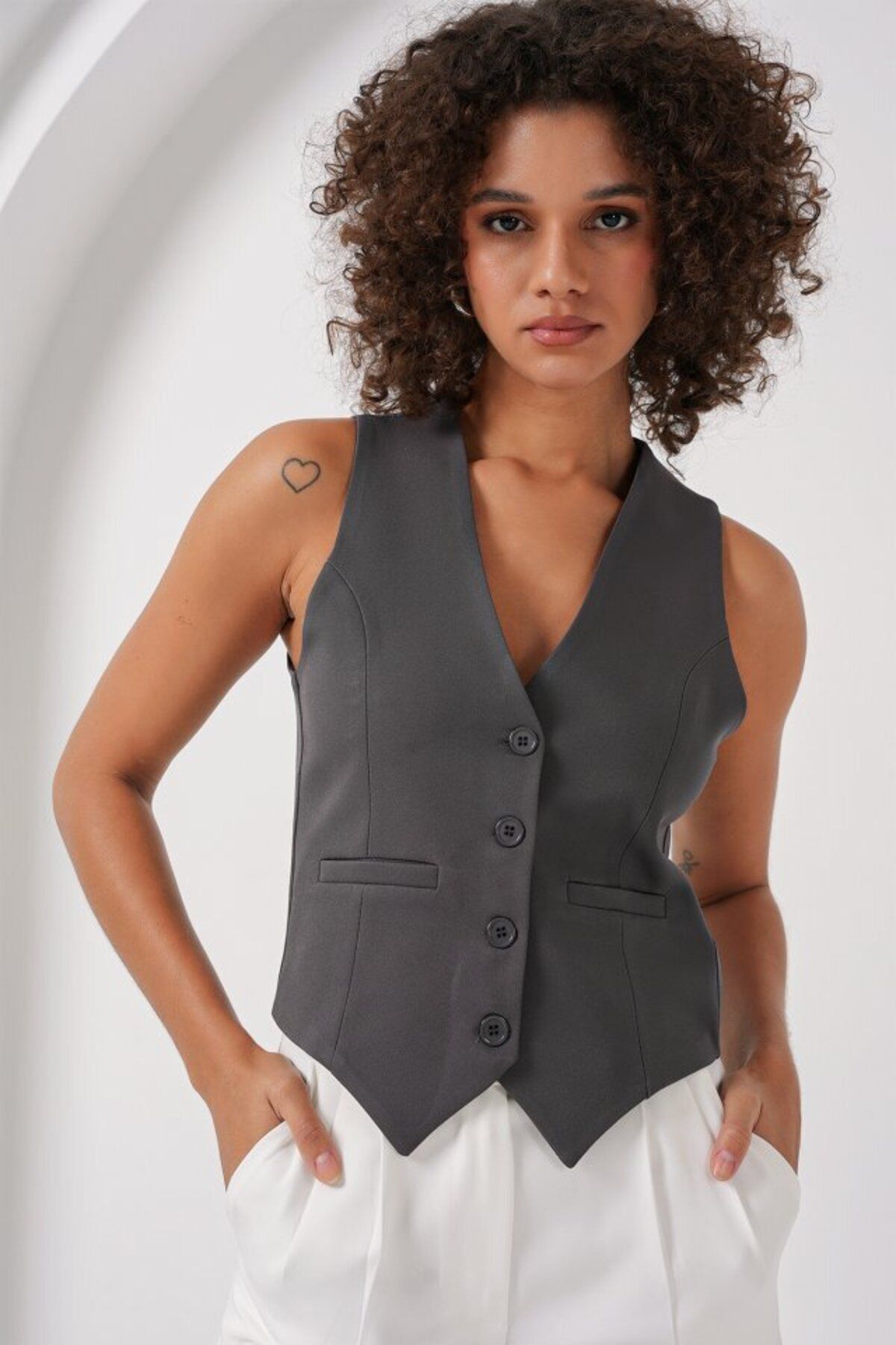 D&M Life Collection 6796 Kısa Dokuma Yelek - Füme