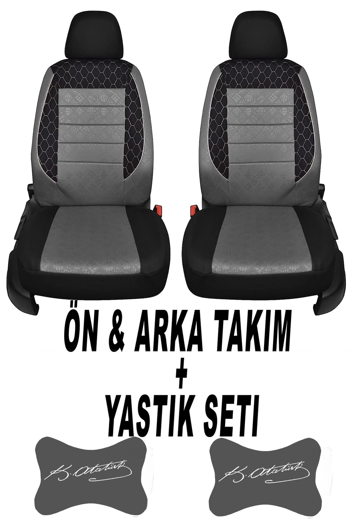 1araba1ev Oto Koltuk Kılıfı Atatürk İmza Ön Arka Takım + 2 Adet Boyun Yastığı Seti