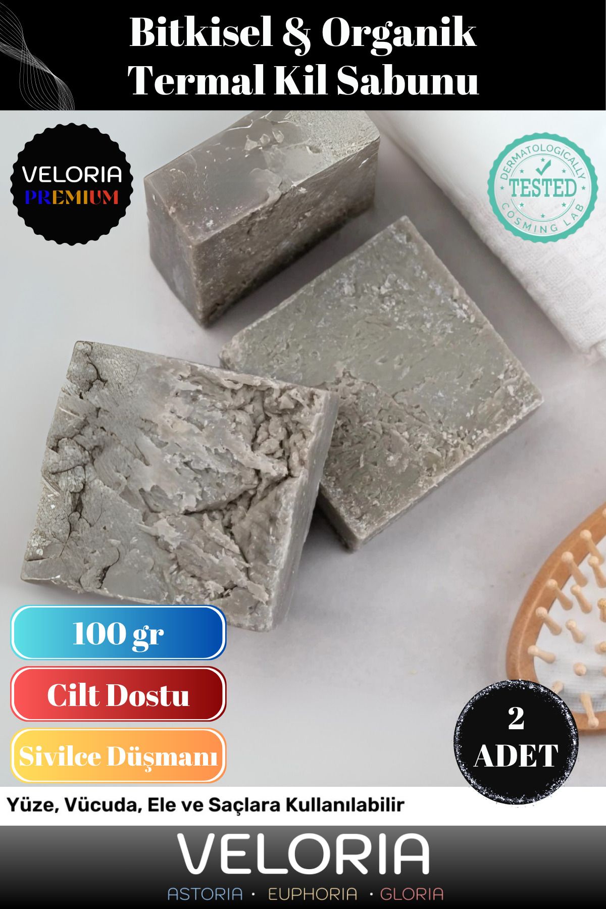 Veloria Premium Seri %100 Doğal Organik Yüz Saç Vücut Cilt Dengeleyici Güzel Kokulu Termal Kil Sabunu 2 Adet