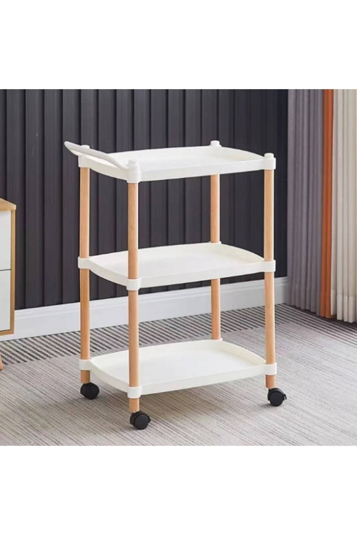 Rovitech-Masuta portabila cu suport din lemn, 3 nivele, maner de transport, 71 x 45 x 32 cm, alb 2