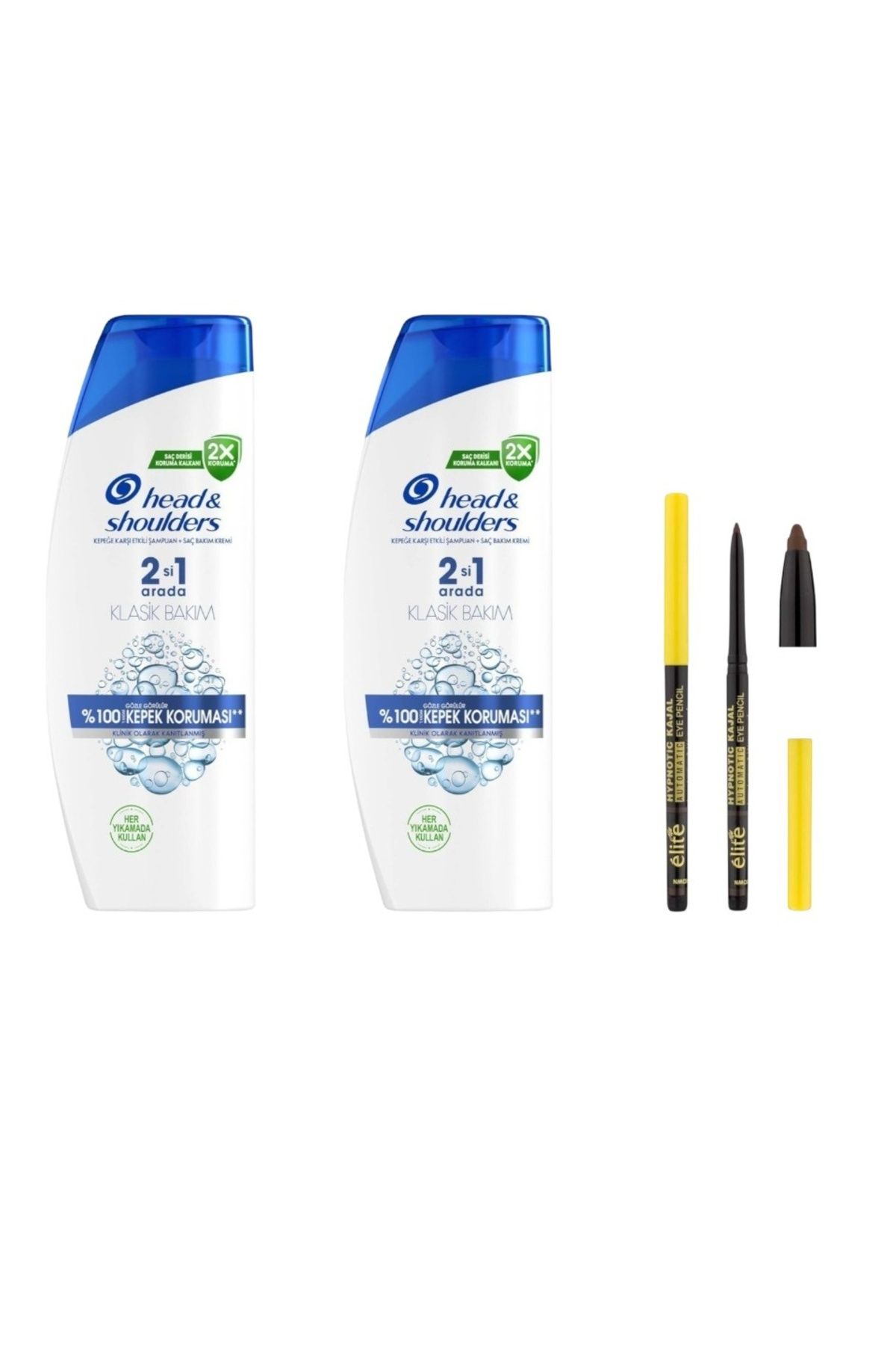 head and shoulders 625 ML 2'si 1 Arada Kepek Şampuan Klasik Bakım 2 Adet + Elite Kajal Kahverengi Göz Kalemi