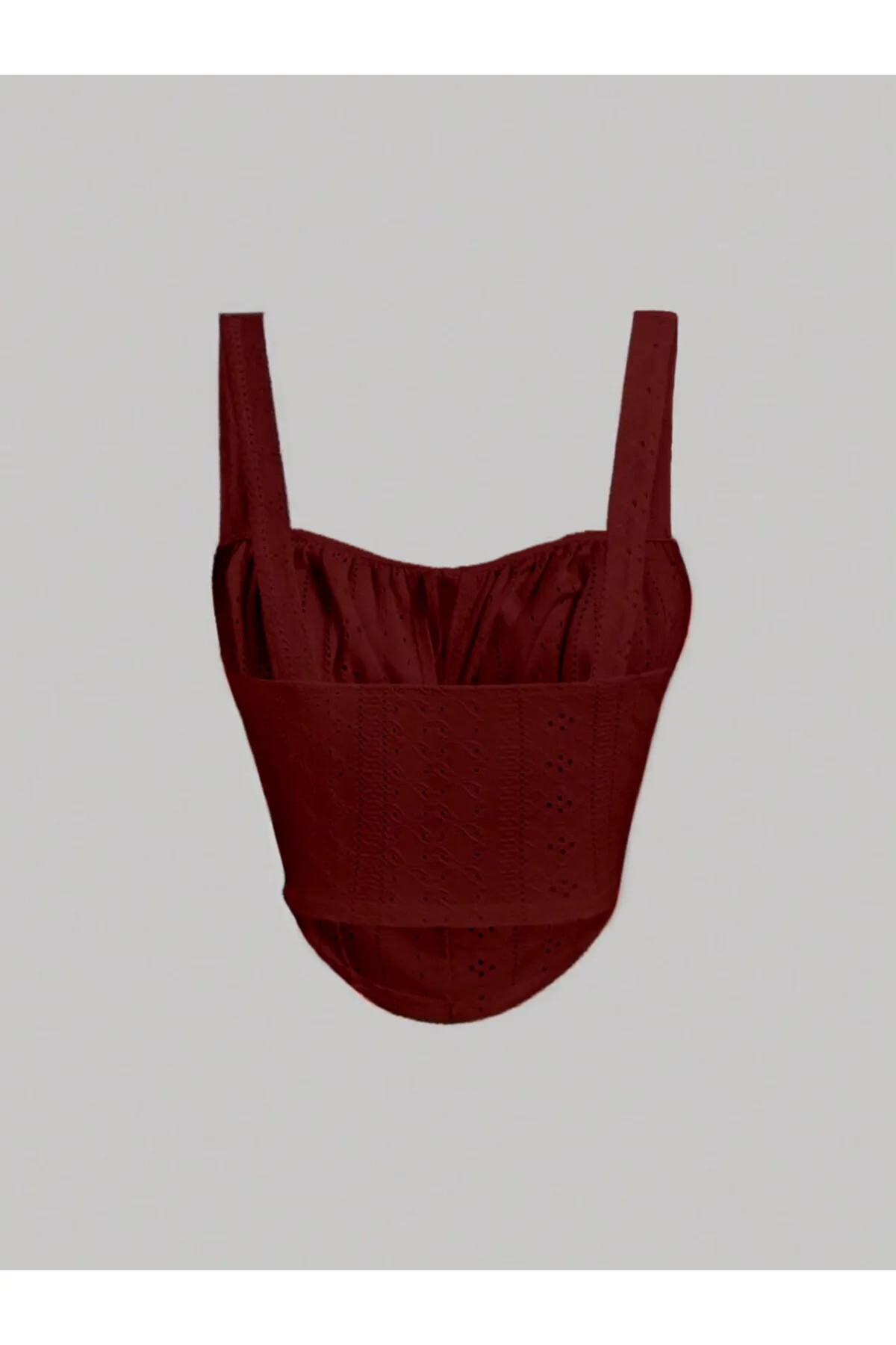 Marin Star  Bordo Nakış Desenli Göğüs Dekolteli Önden Bağcıklı Askılı Crop, Bordo Nakış Desenli Bluz - Görsel 4