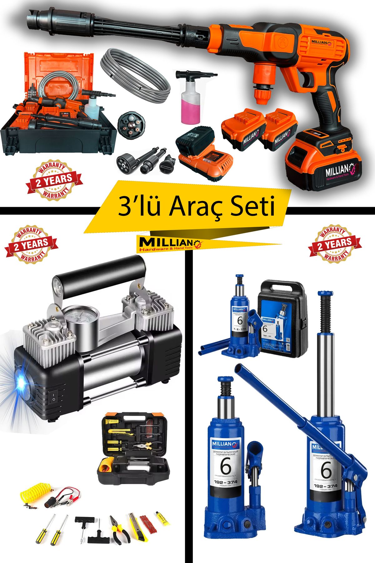 AboutThePerfect Şarjlı oto yıkama seti, kriko, kompresör ve tamir kitiyle temizlik ve bakım kolaylığı