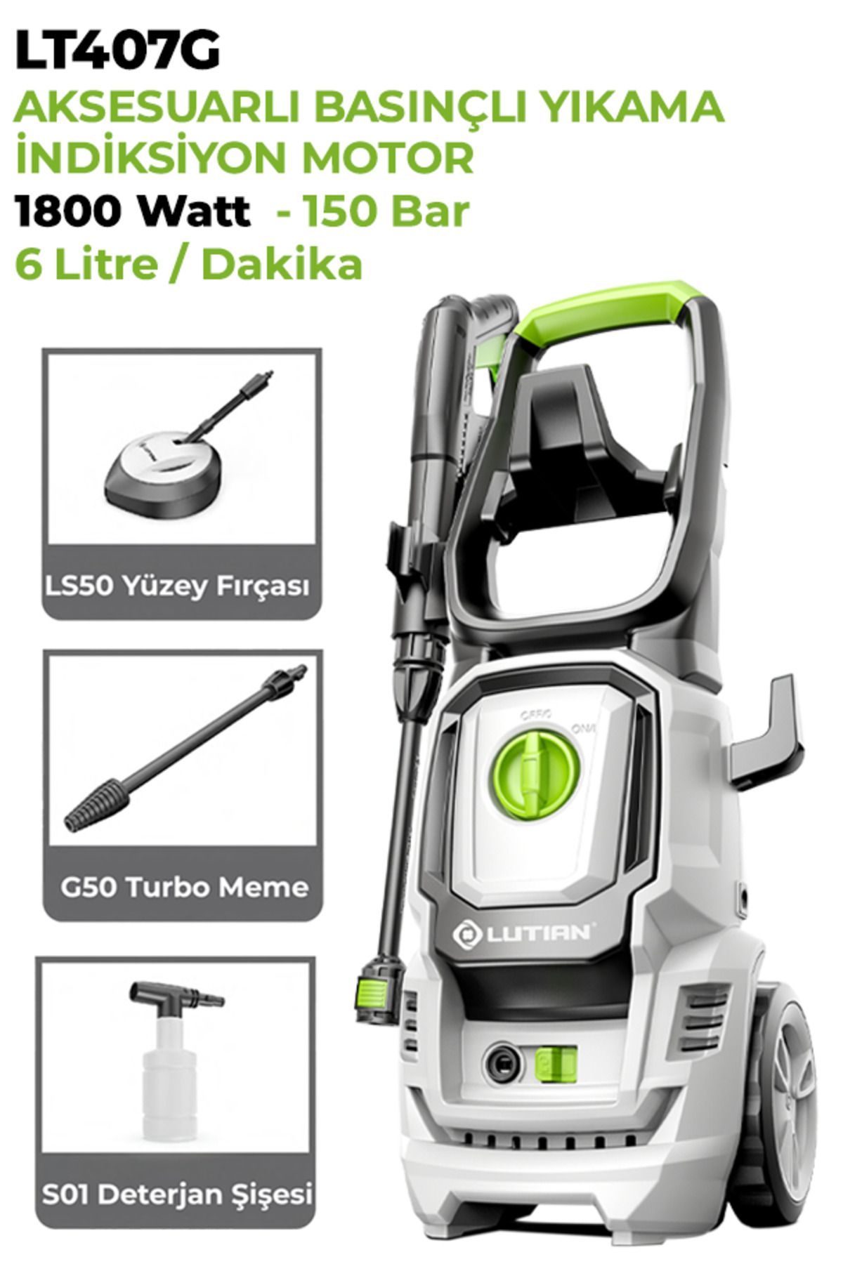 AboutThePerfect Yüksek Basınçlı Araba Yıkama Makinesi 150 Bar, 1800W, Aksesuarlı, Kömürsüz Motor