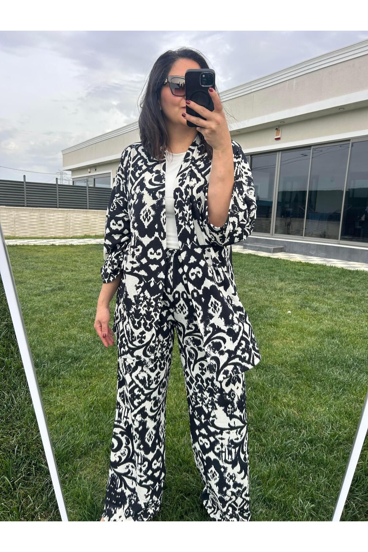 charamela Büyük Beden Bürümcük Kumas Kimono İkili Takım-bgt43