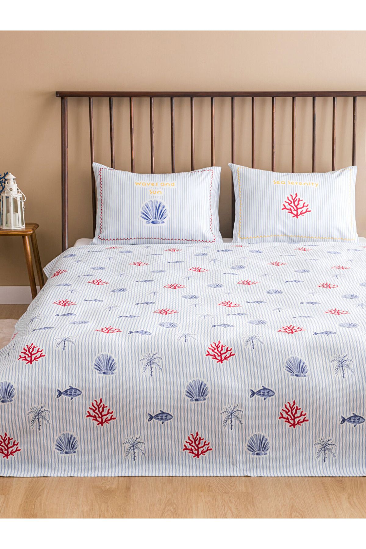 LC Waikiki Mavi-Kırmızı Baskılı %100 Pamuk Çift Kişilik Pike Seti 200x220 cm