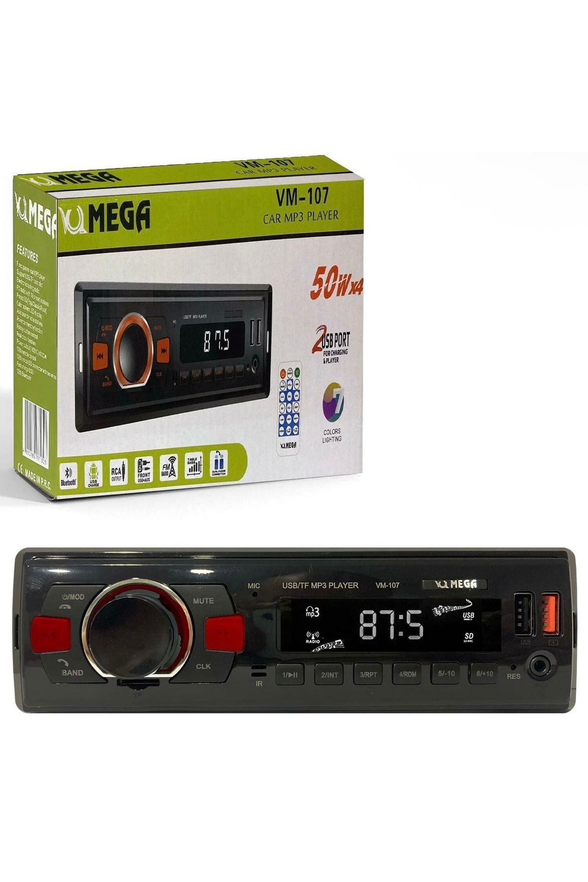 HG ELEKTRONİK Mega Vm-107 Oto Teyp 4X50 Watt Bluetooth 2Xusb Sd Fm Aux 7 Renk