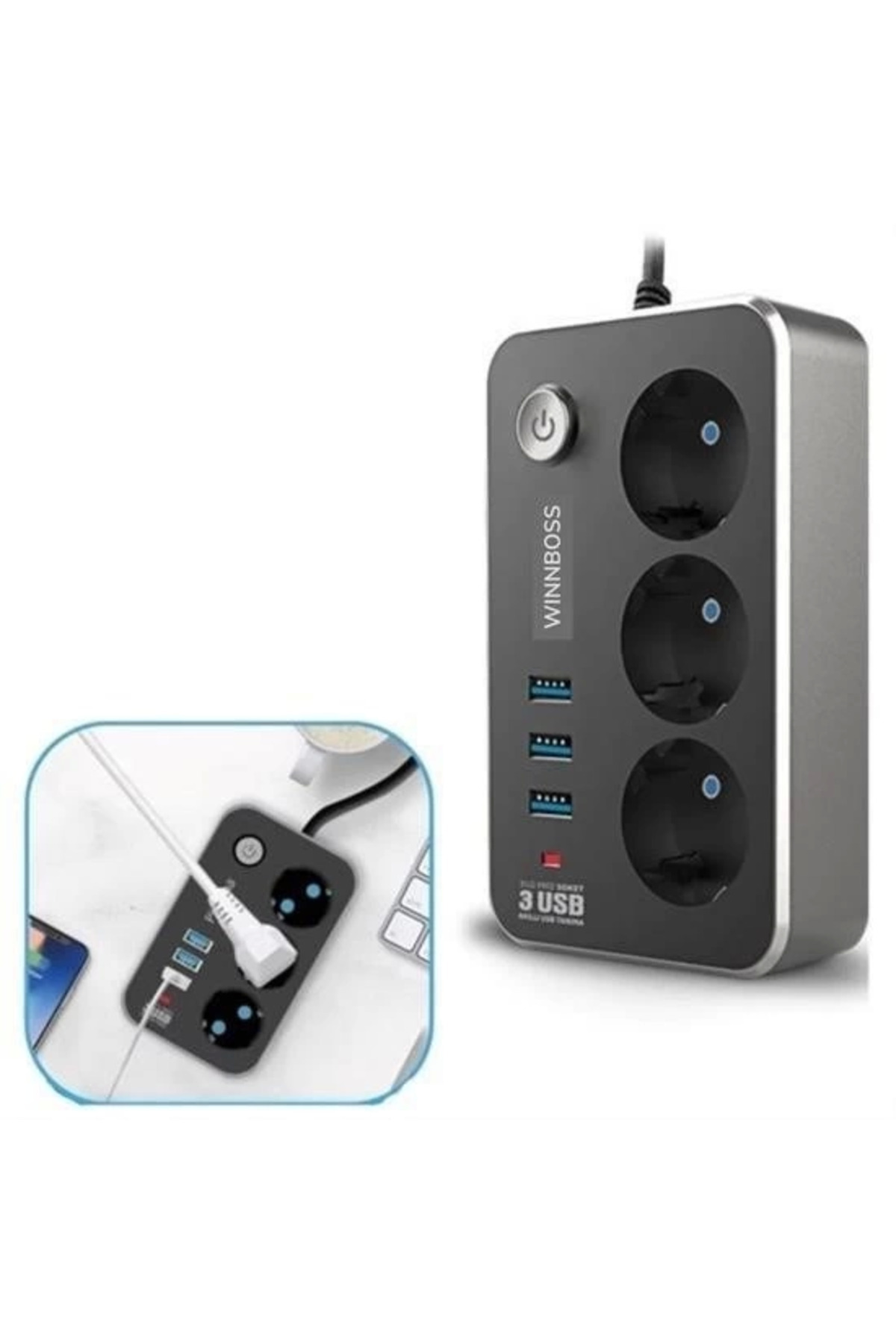 COjans Isıya Dayanıklı Termal Akım Korumalı 2 Mt 10a 2500w 3lü Priz Ve 3 Usbi 21a Uzatma Kablosu