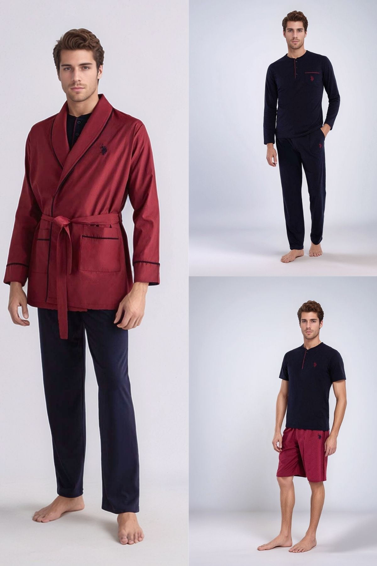 U.S. Polo Assn. Erkek Çeyizlik Damat Pijama Takımı, Sabahlık & Alt Üst Şort Takım 5 Parça - Bordo